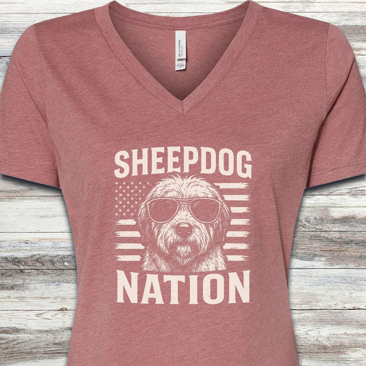 Old English Sheepdog Nation V-Neck Tee - Heather Mauve