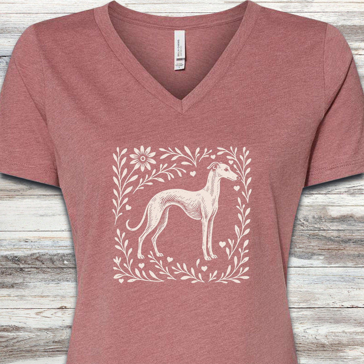 Whippet Linocut V-Neck Tee - Heather Mauve