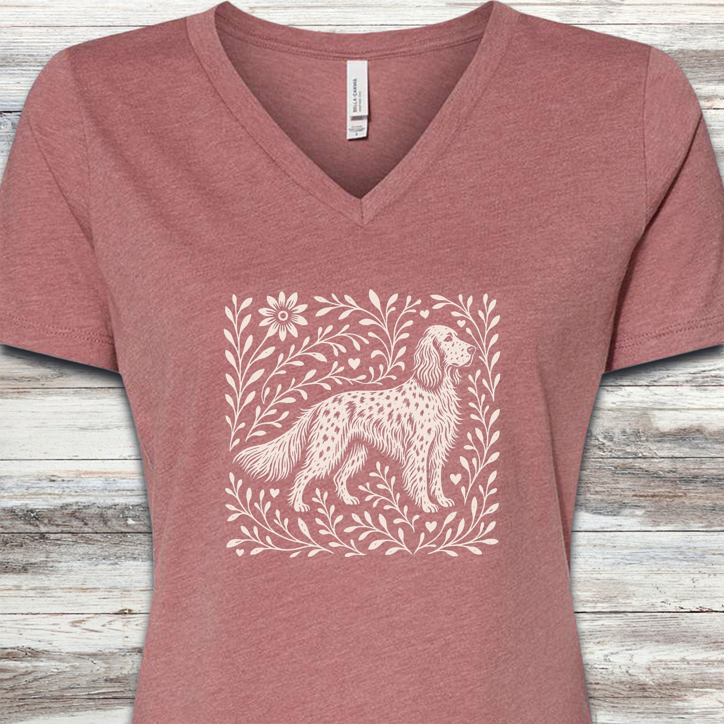 English Setter Linocut V-Neck Tee - Heather Mauve