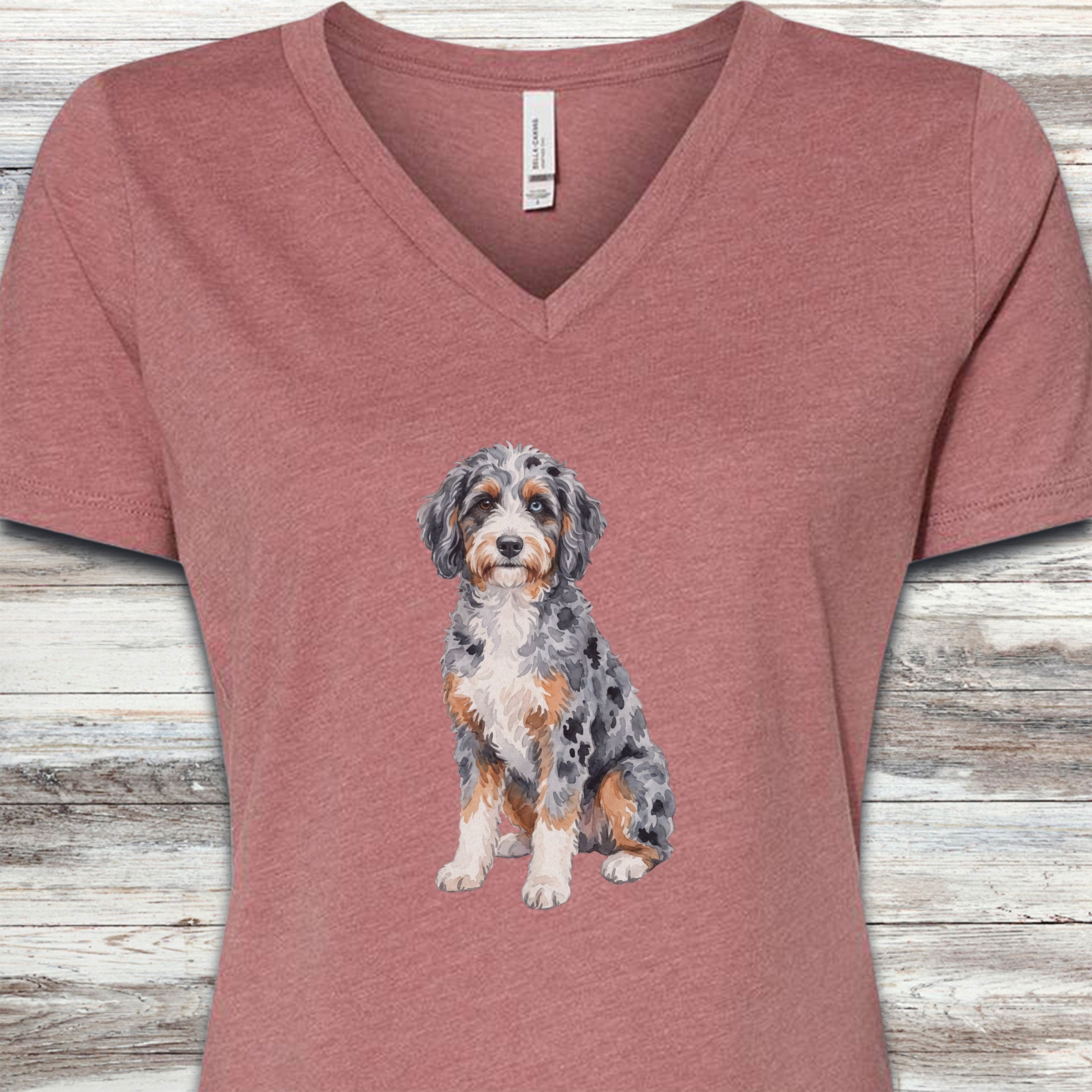 Aussiedoodle Watercolor V-Neck Tee - Heather Mauve