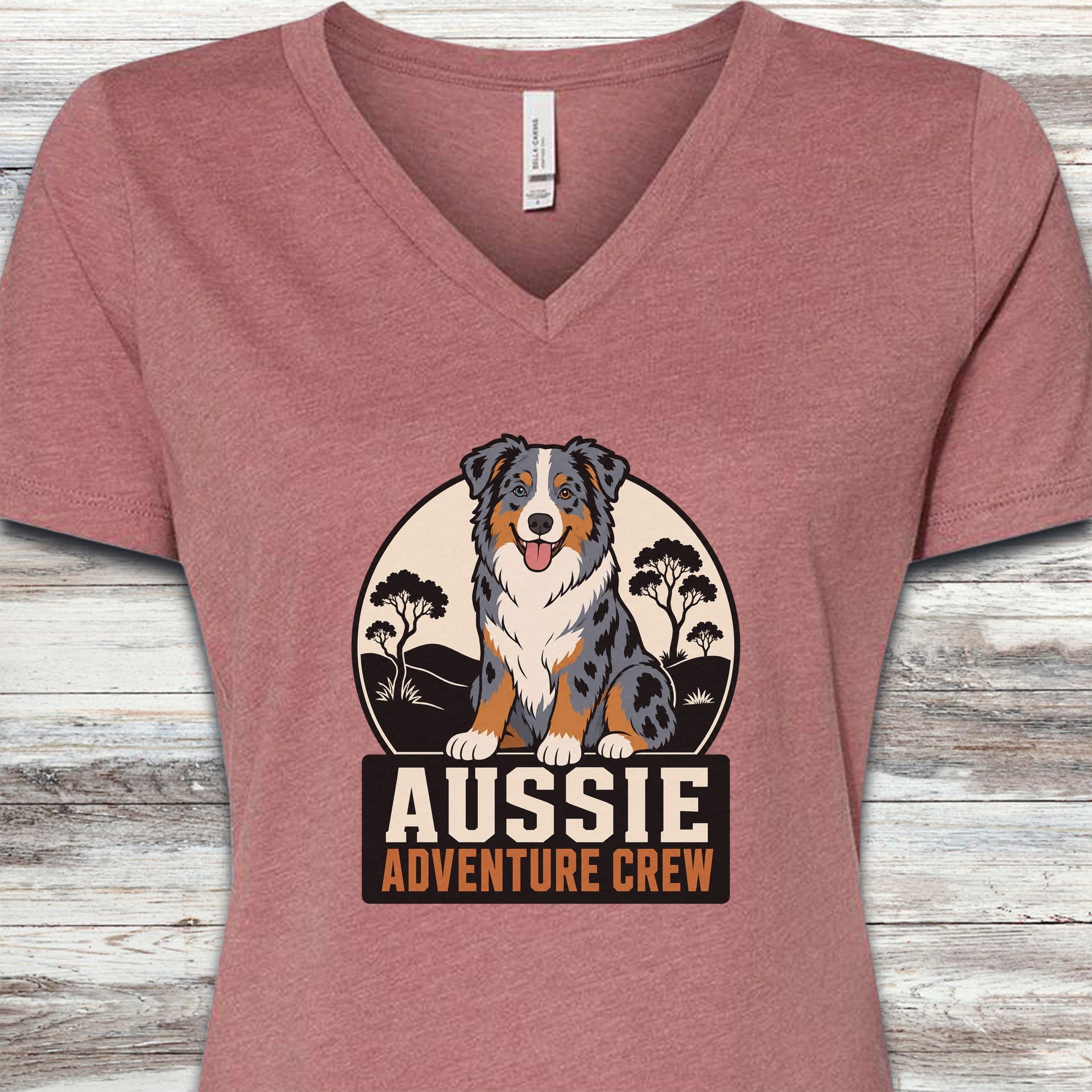 Australian Shepherd Adventure Crew V-Neck Tee - Heather Mauve