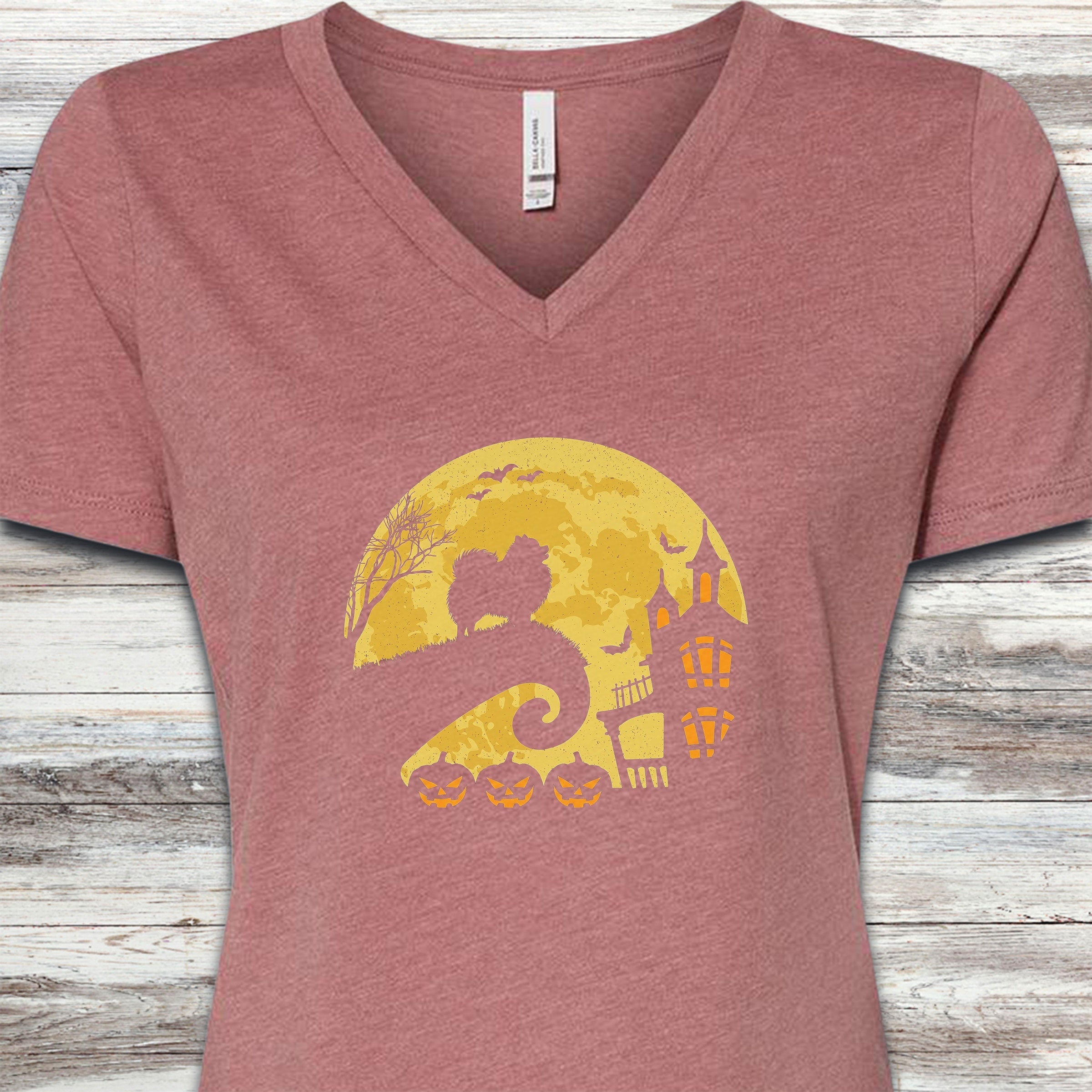 Pomeranian Halloween Moon V-Neck Tee - Heather Mauve
