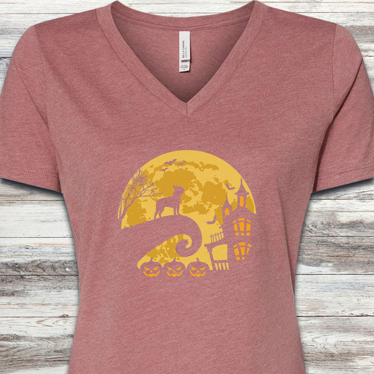Boston Terrier Halloween Moon V-Neck Tee - Heather Mauve