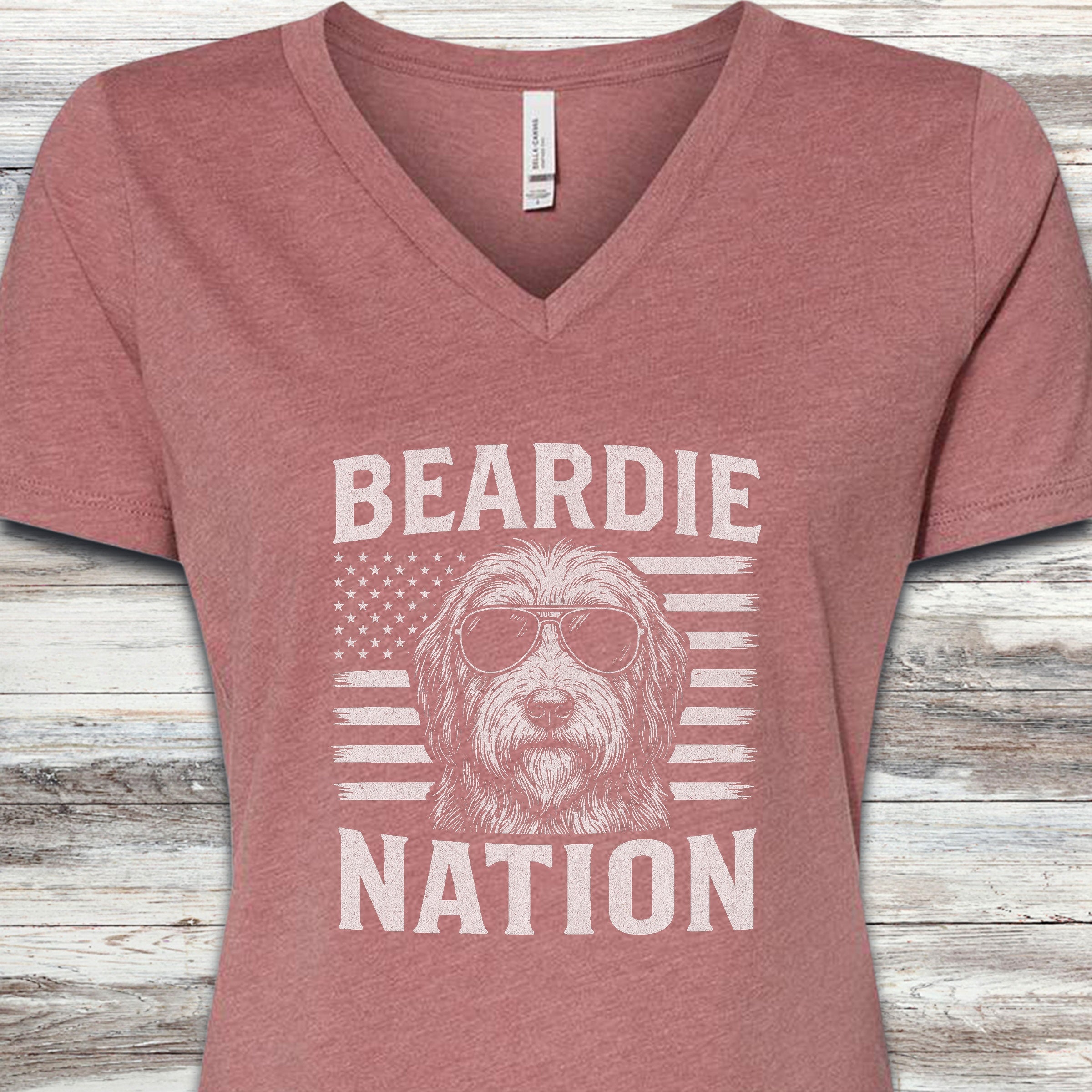 Bearded Collie Nation V-Neck Tee - Heather Mauve
