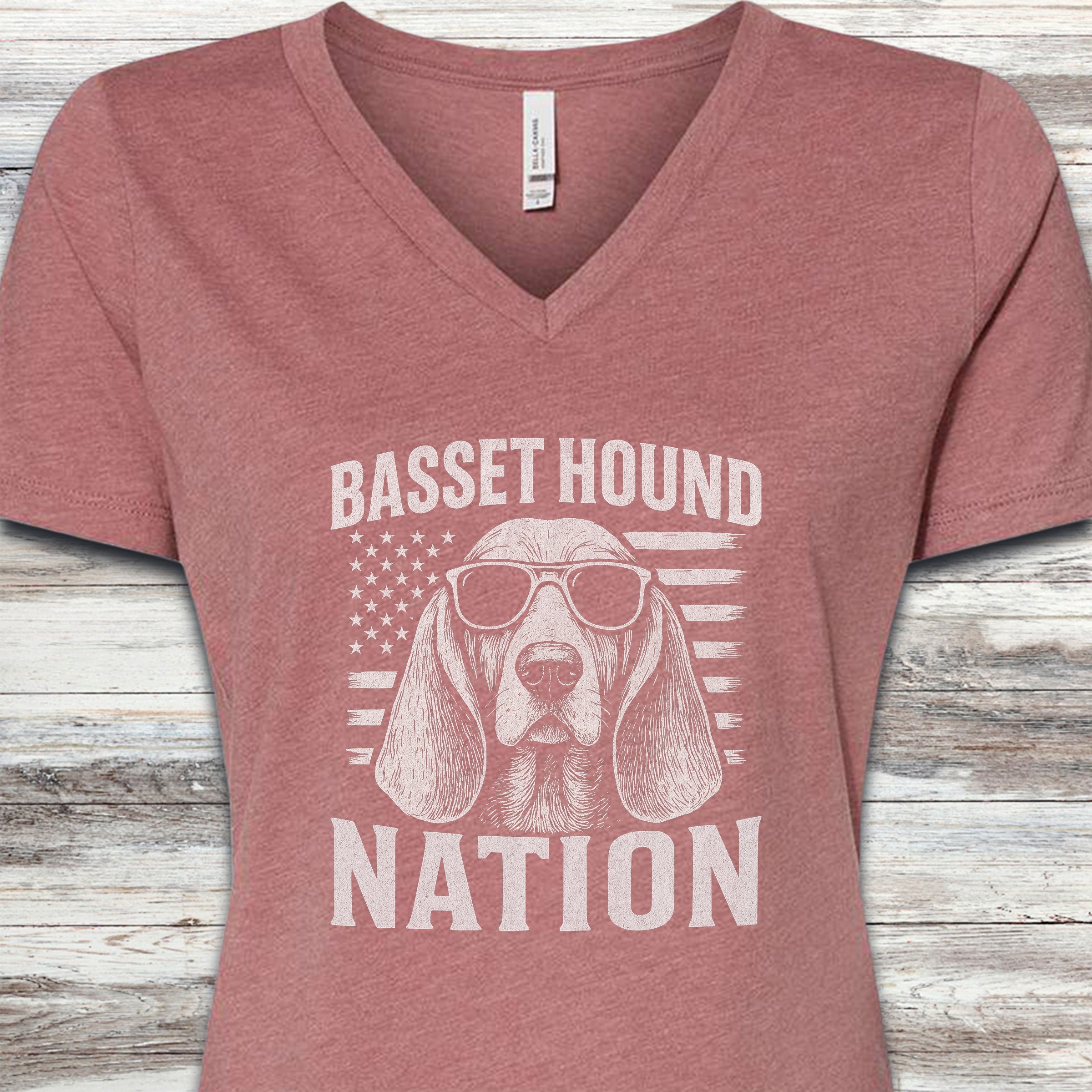Basset Hound Nation V-Neck Tee - Heather Mauve
