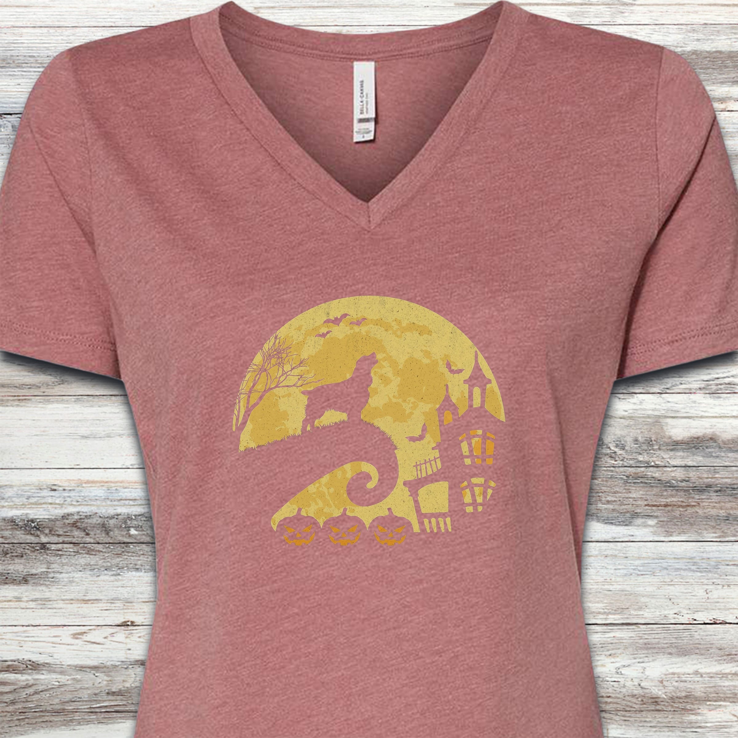 Springer Spaniel Halloween Moon V-Neck Tee - Heather Mauve