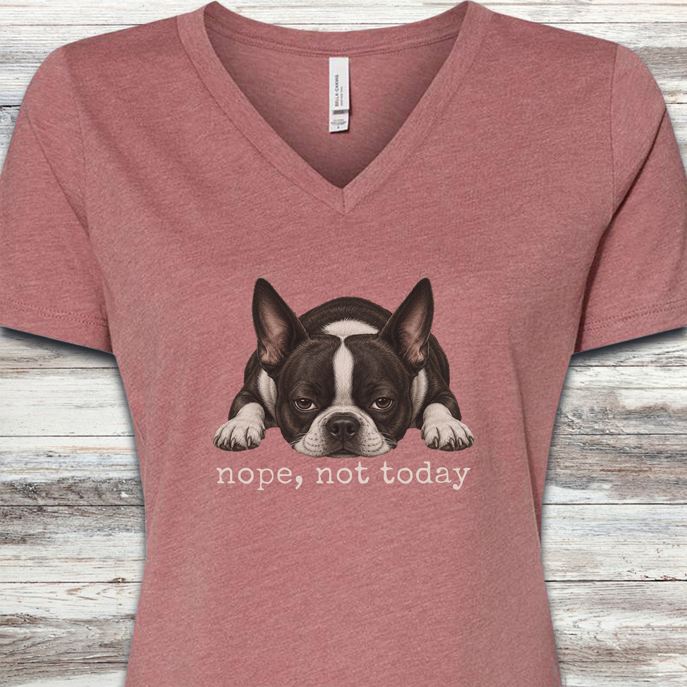 Boston Terrier Nope V-Neck Tee - Heather Mauve