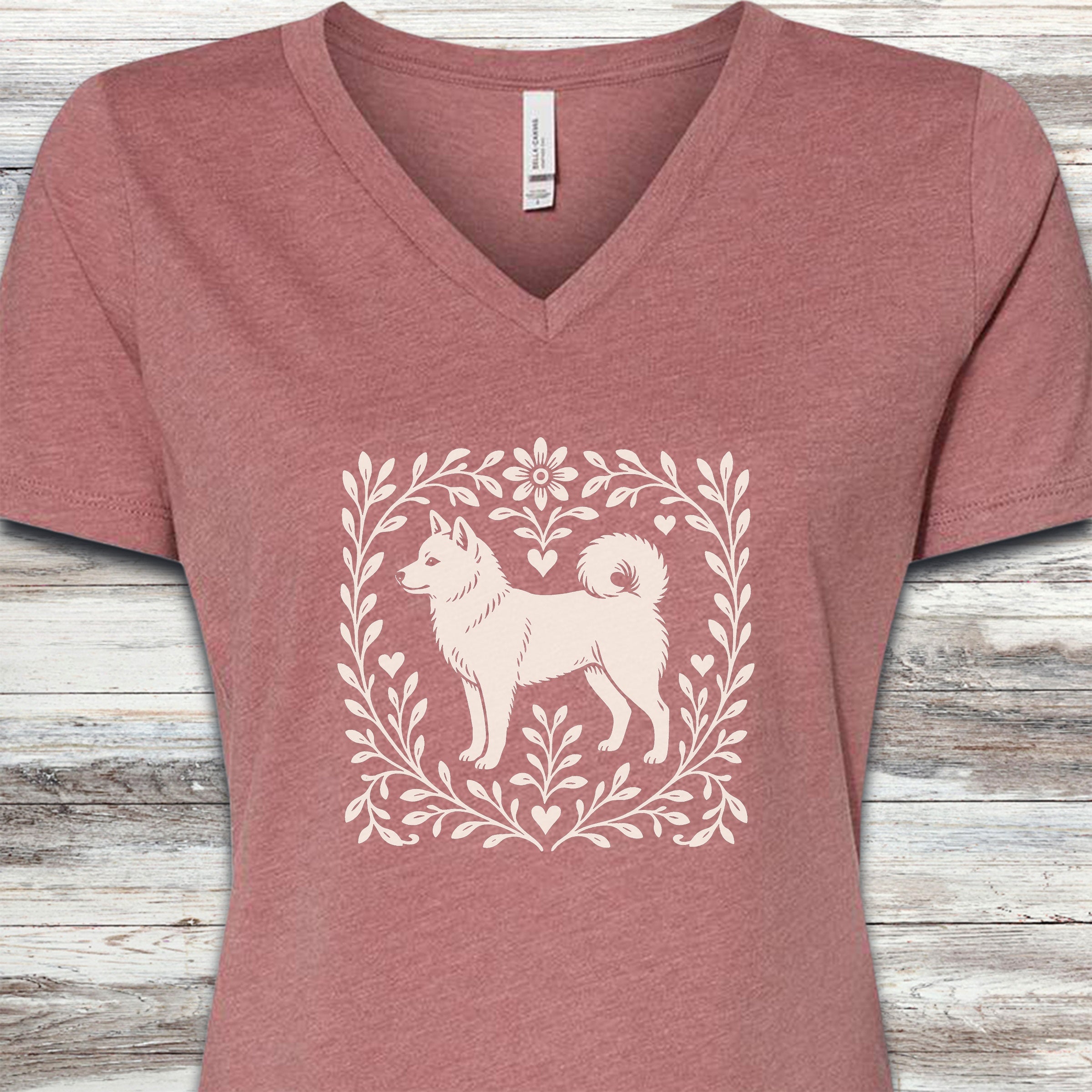 Shiba Inu Linocut V-Neck Tee - Heather Mauve