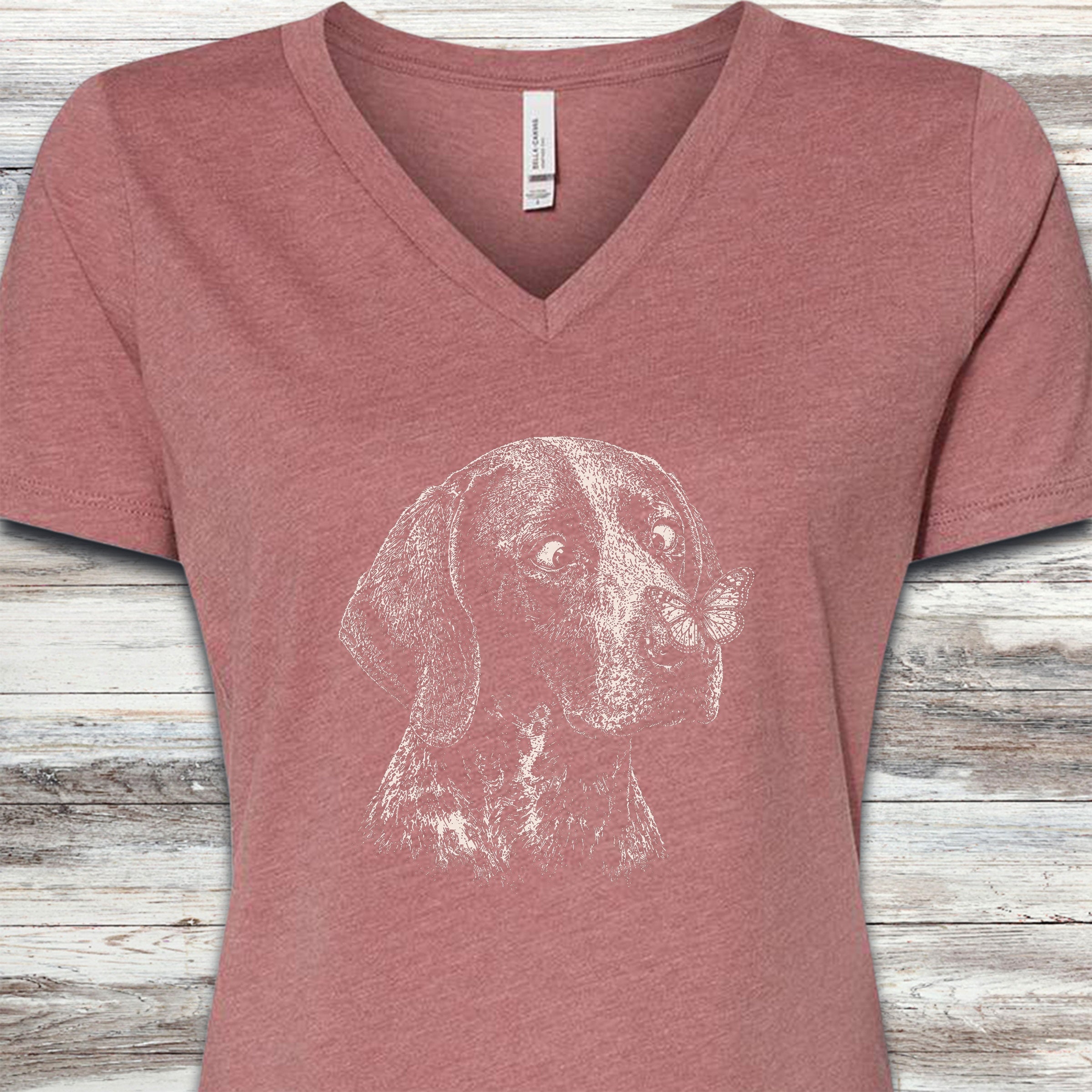 German Shorthaired Pointer Butterfly V-Neck Tee - Heather Mauve