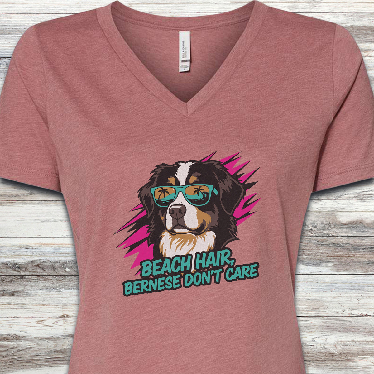 Bernese Mountain Dog Beach Hair V-Neck Tee - Heather Mauve