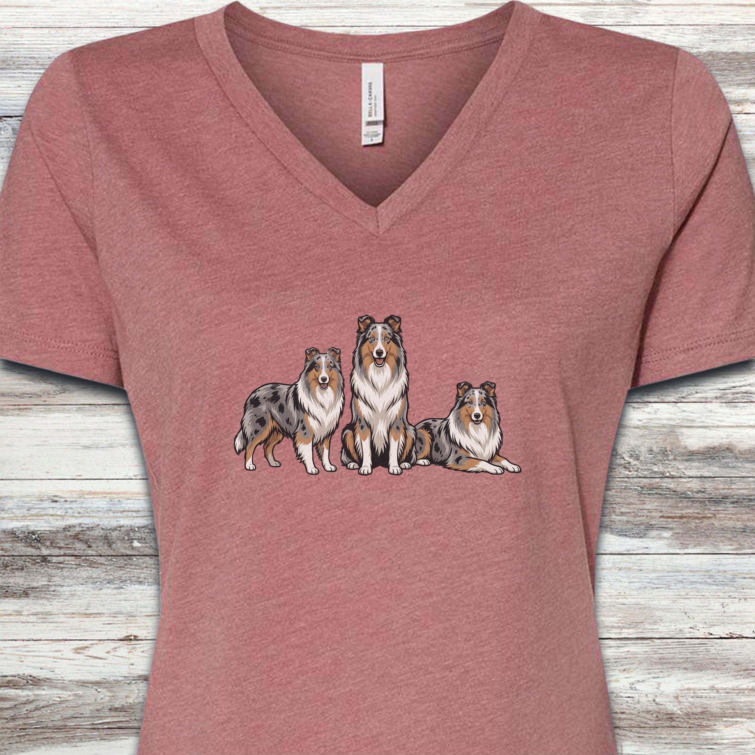 Australian Shepherd Blue Merle Trio V-Neck Tee - Heather Mauve