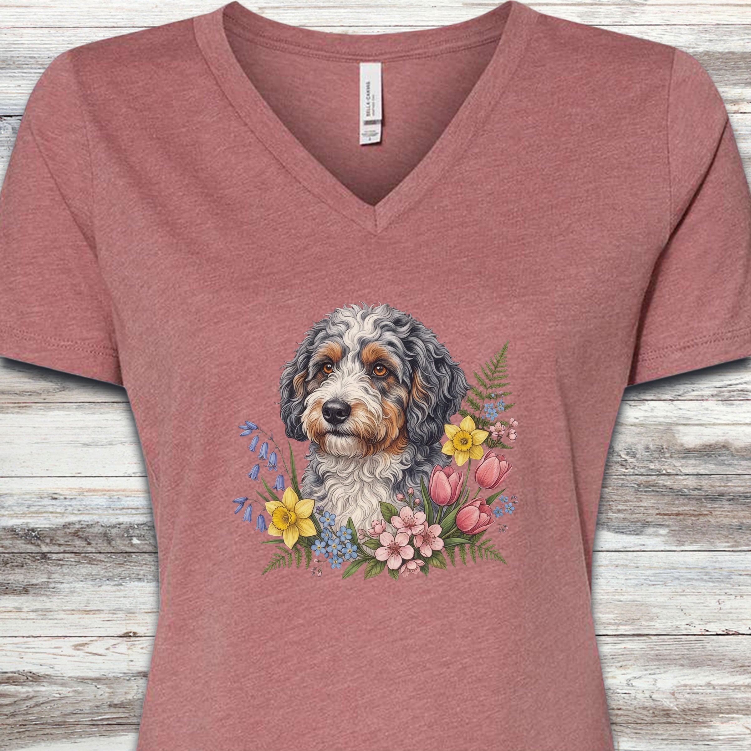 Aussiedoodle Spring Portrait V-Neck Tee - Heather Mauve