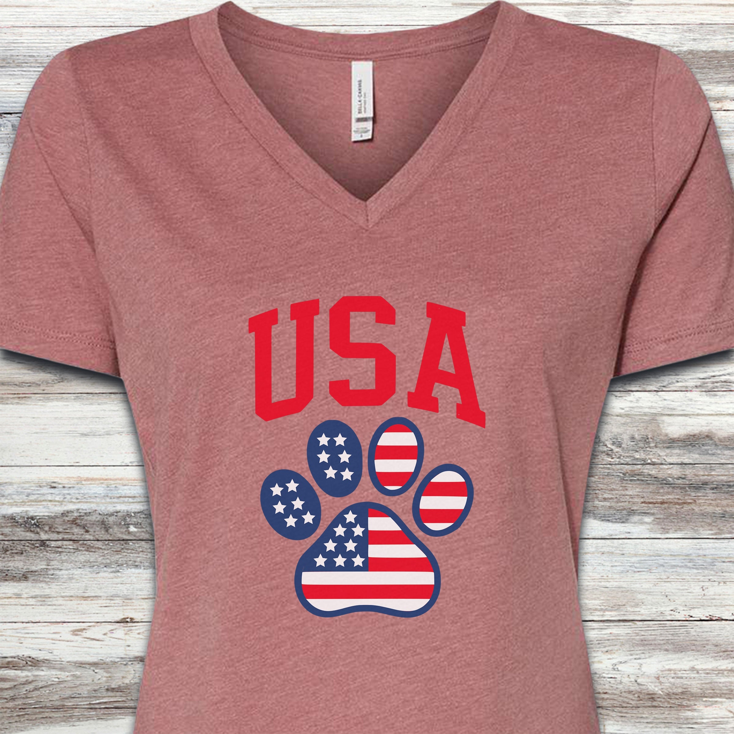 USA Paw Print V-Neck Tee - Heather Mauve