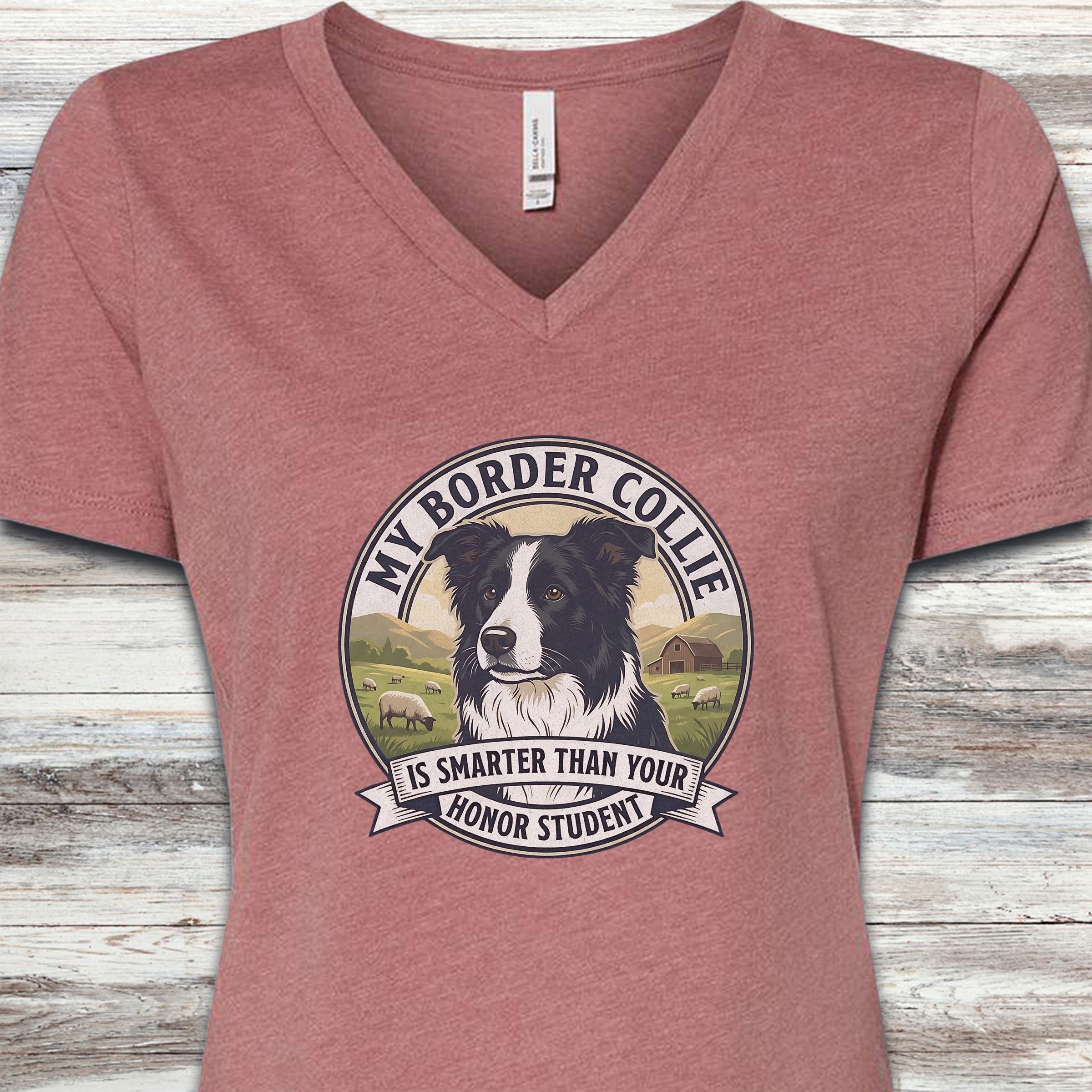 Border Collie Smart V-Neck Tee - Heather Mauve