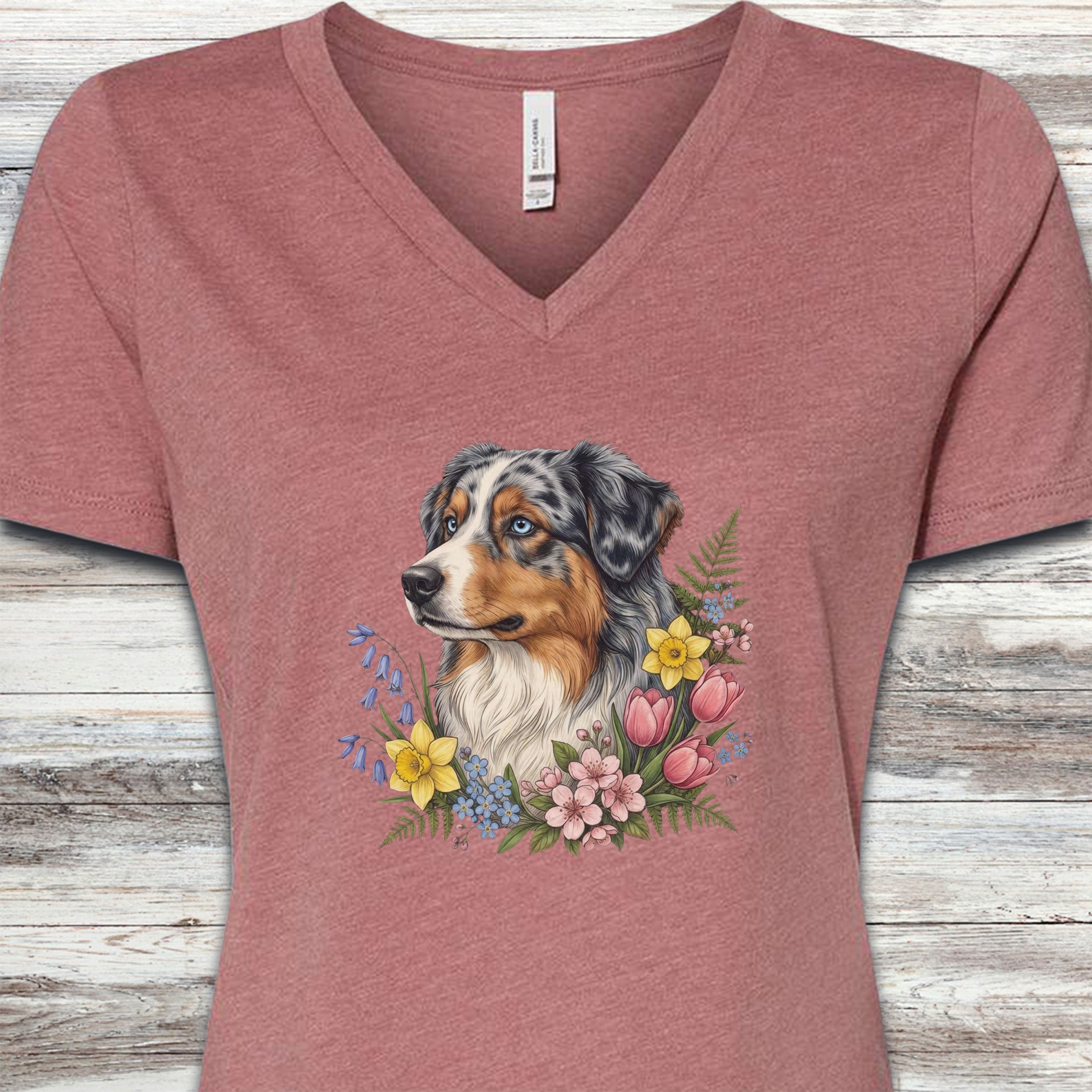 Australian Shepherd Merle Blue Eyes Portrait V-Neck Tee - Heather Mauve