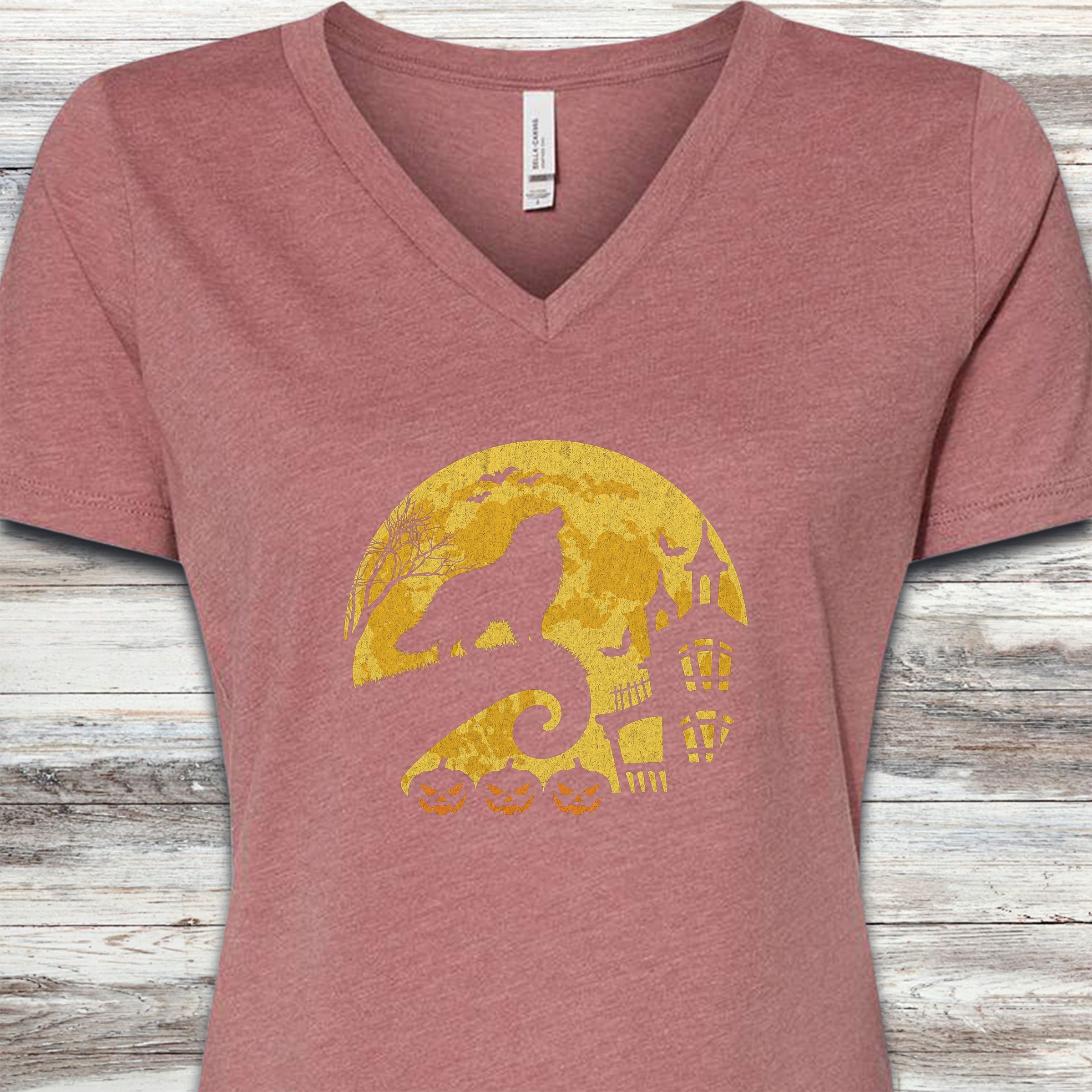 Great Pyrenees Halloween Moon V-Neck Tee - Heather Mauve