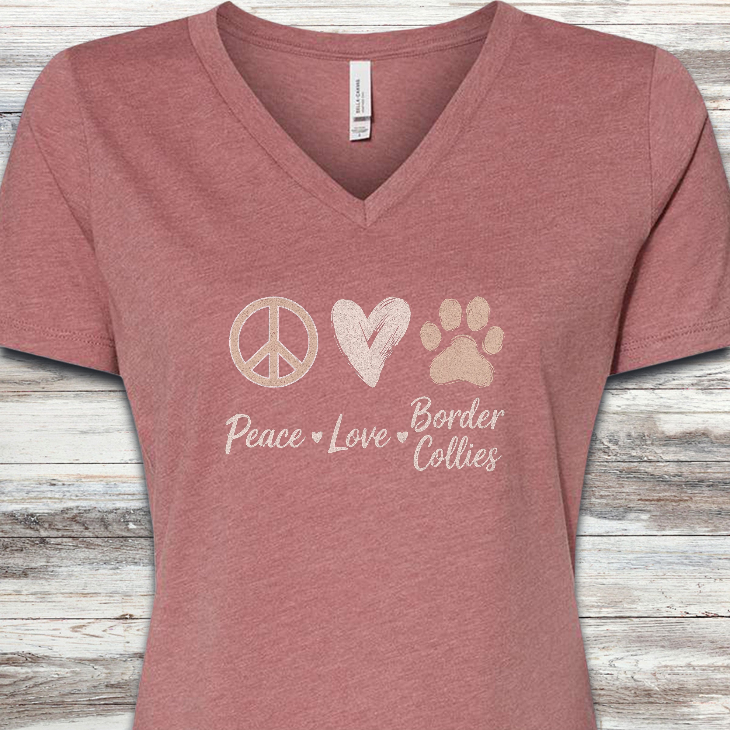 Border Collie Peace V-Neck Tee - Heather Mauve