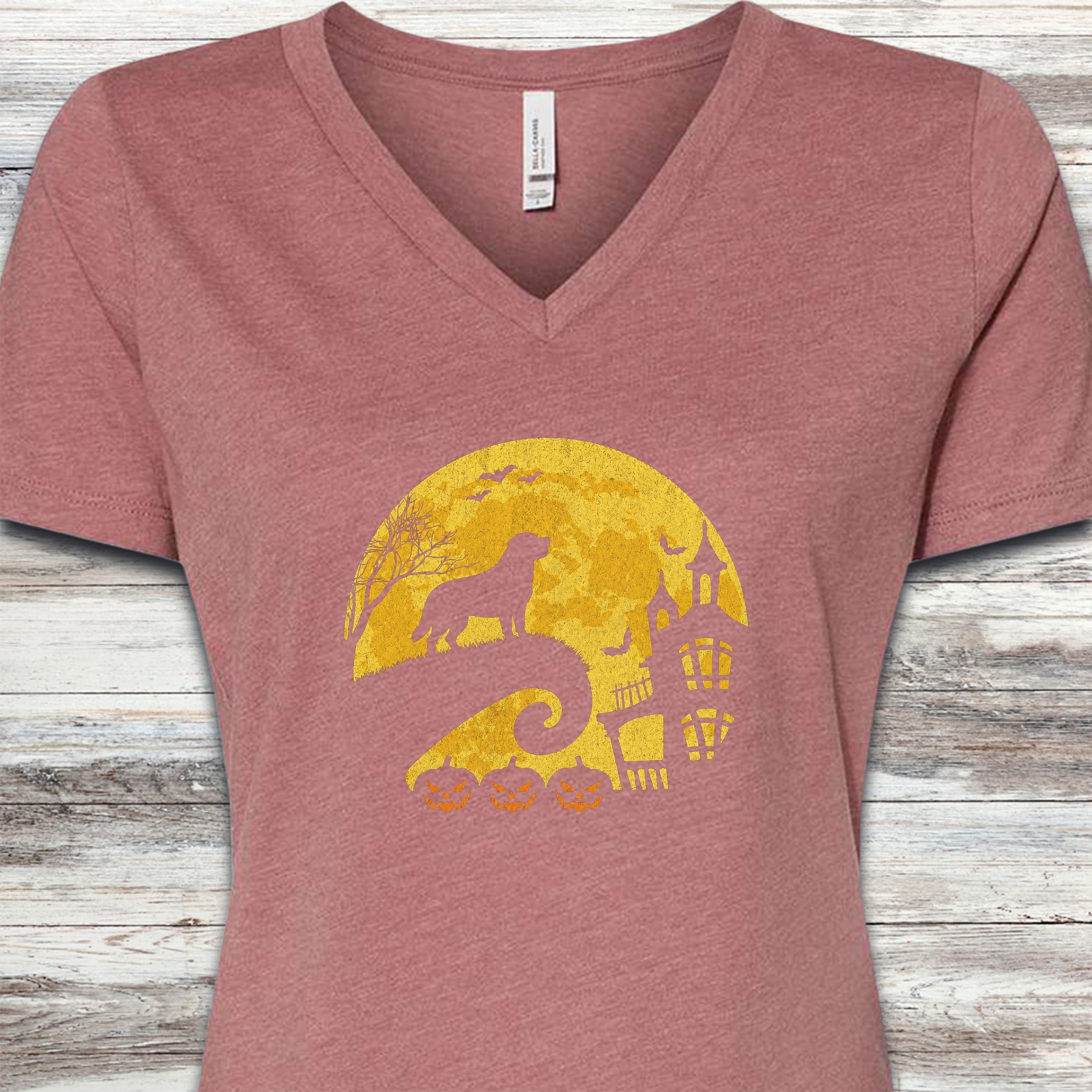 Swiss Mountain Dog Halloween Moon V-Neck Tee - Heather Mauve