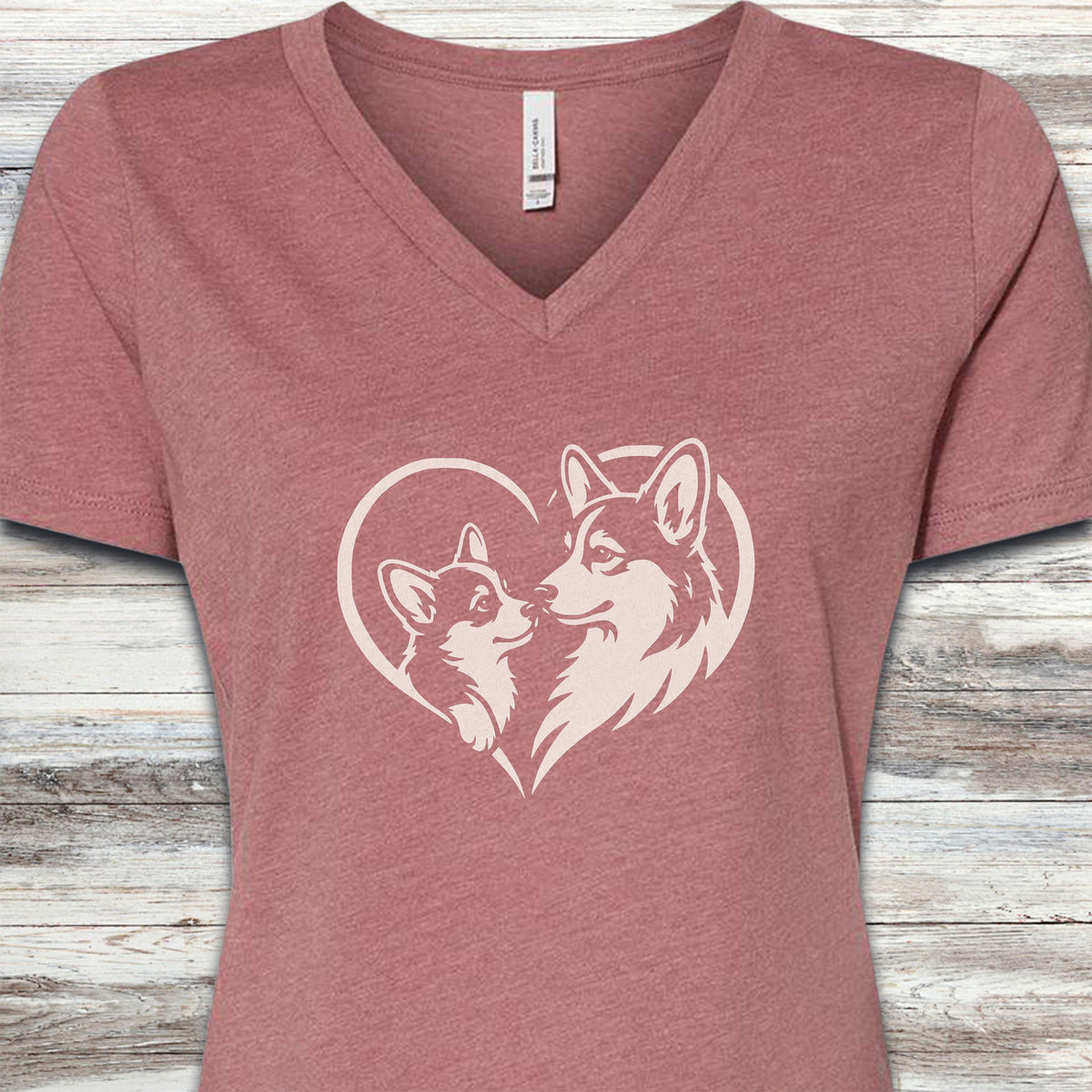 Corgi Heart Bond V-Neck Tee - Heather Mauve