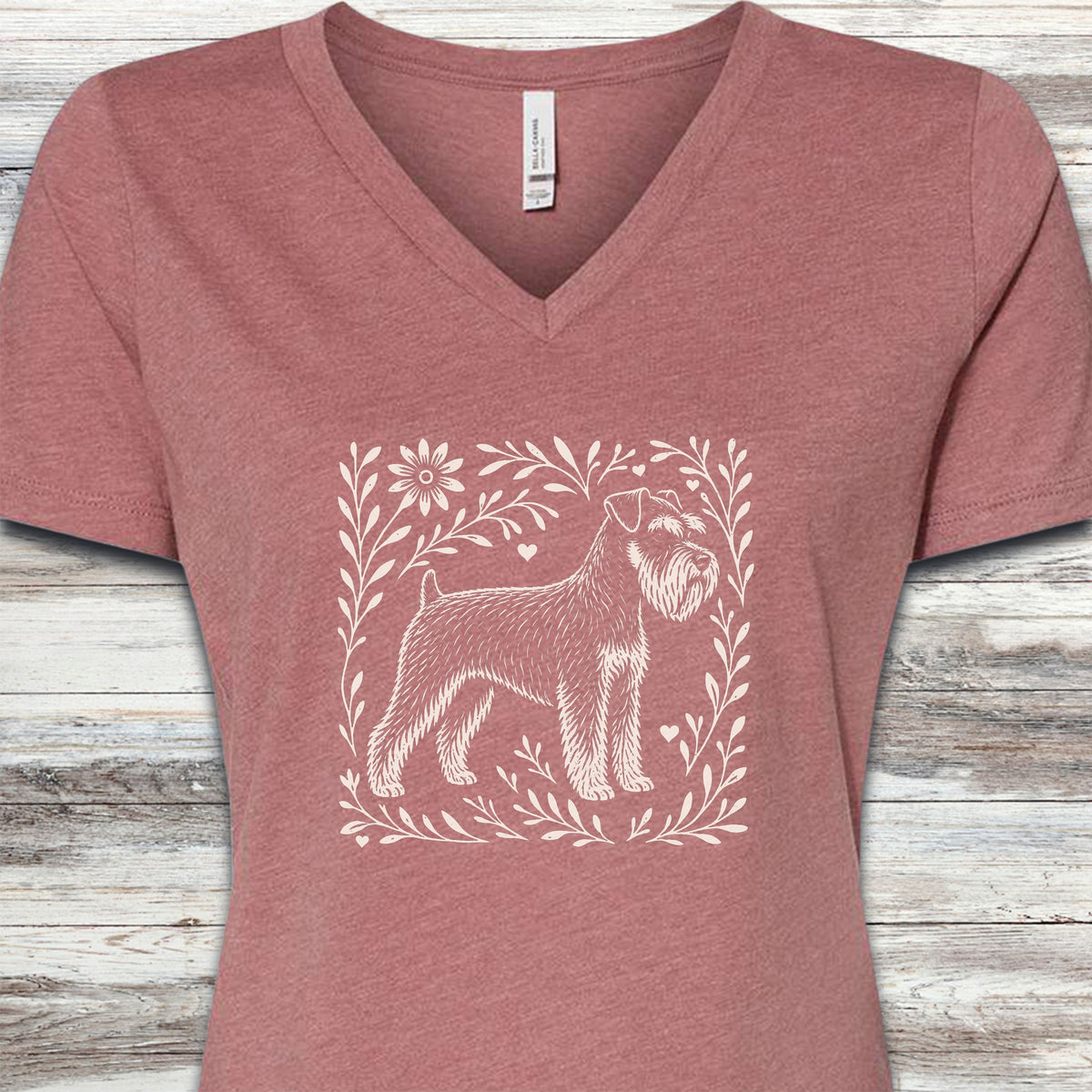 Schnauzer Linocut V-Neck Tee - Heather Mauve