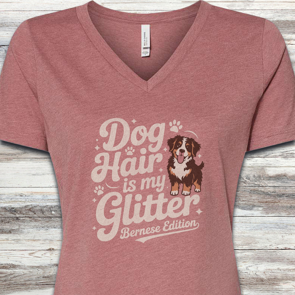 Bernese Mountain Dog Glitter V-Neck Tee - Heather Mauve