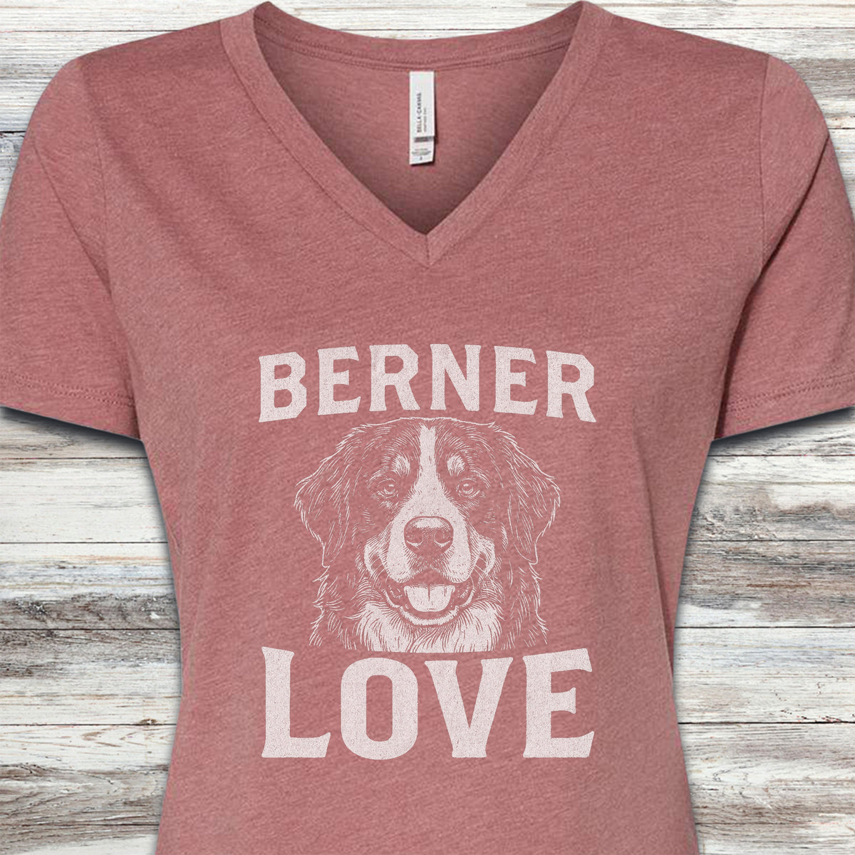 Bernese Mountain Dog Love Portrait V-Neck Tee - Heather Mauve