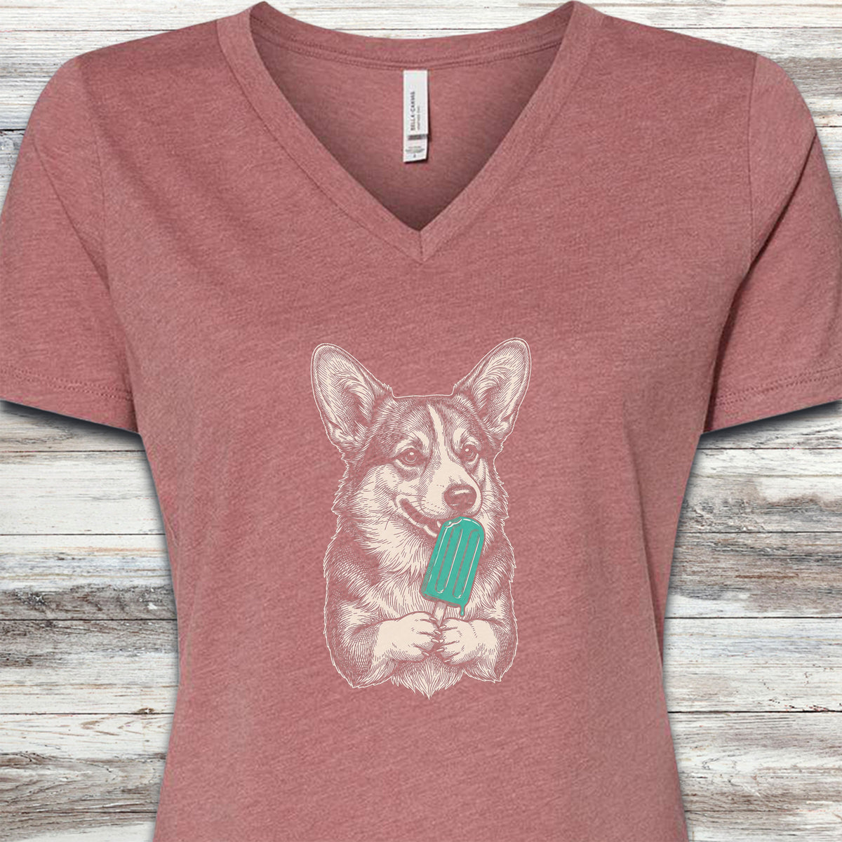 Corgi Pupsicle V-Neck Tee - Heather Mauve