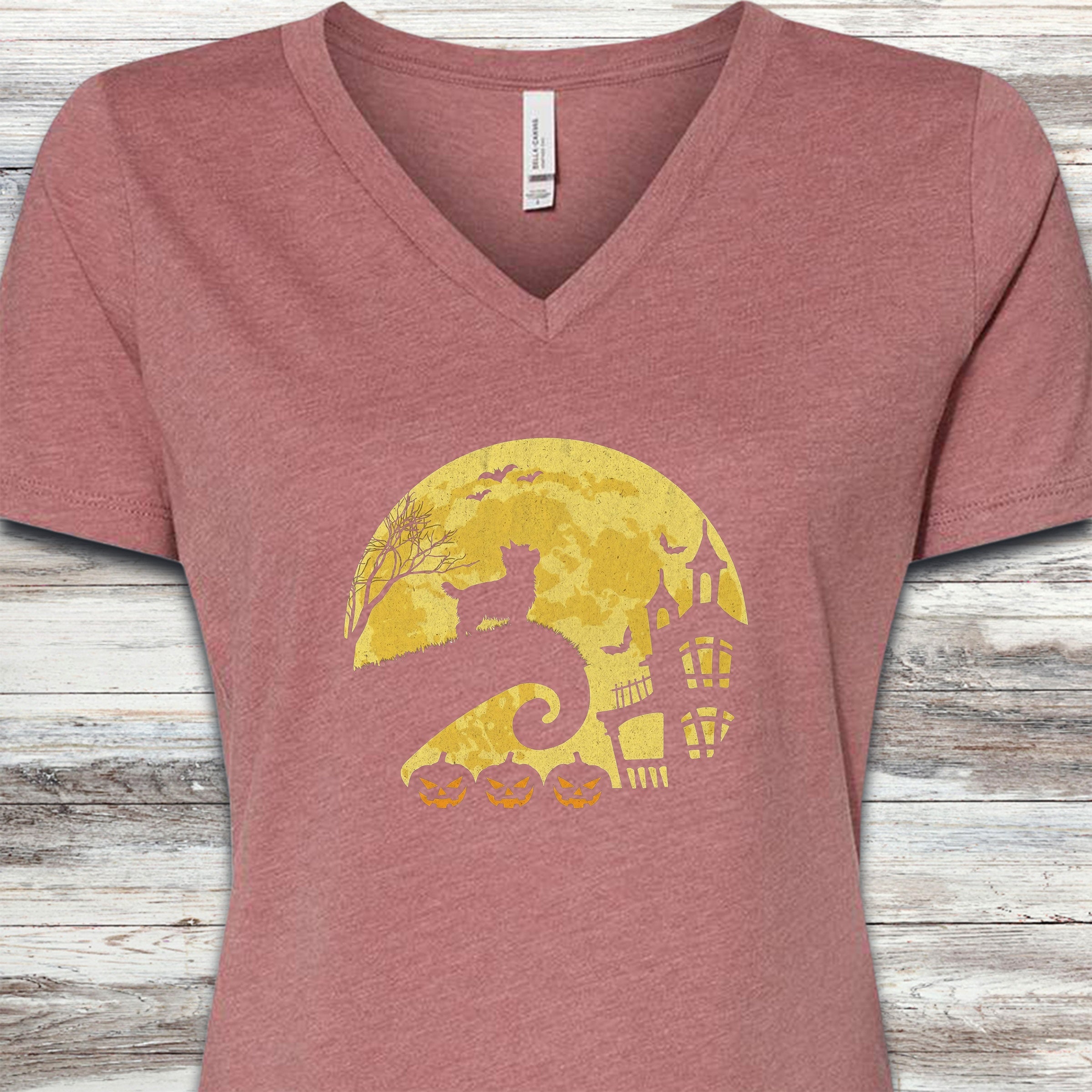 Yorkshire Terrier Halloween Moon V-Neck Tee - Heather Mauve