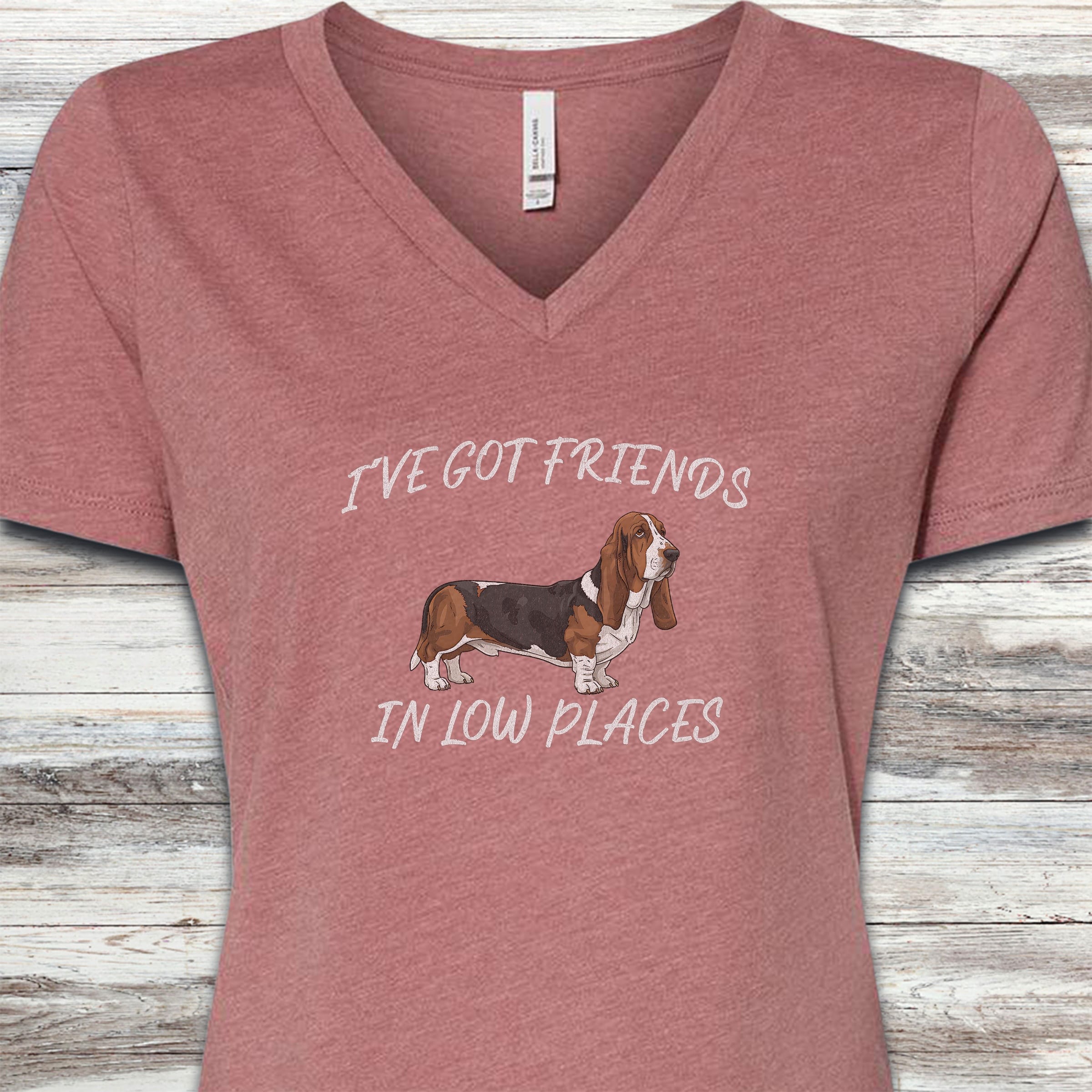 Basset Hound Low Places V-Neck Tee - Heather Mauve