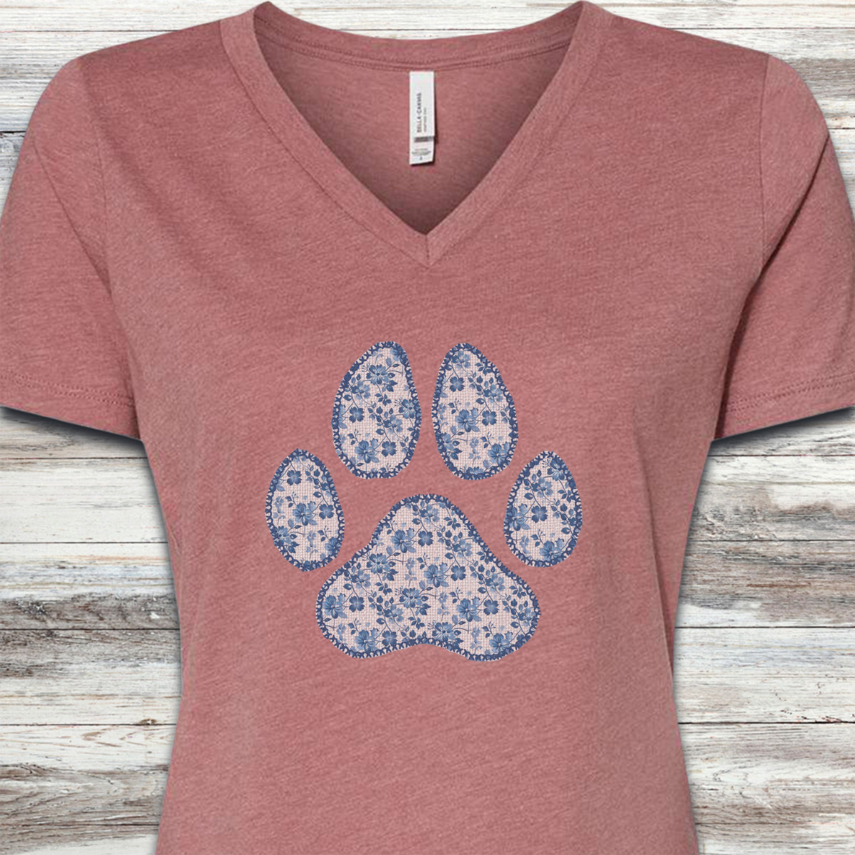 Blue Floral Paw Print V-Neck Tee - Heather Mauve