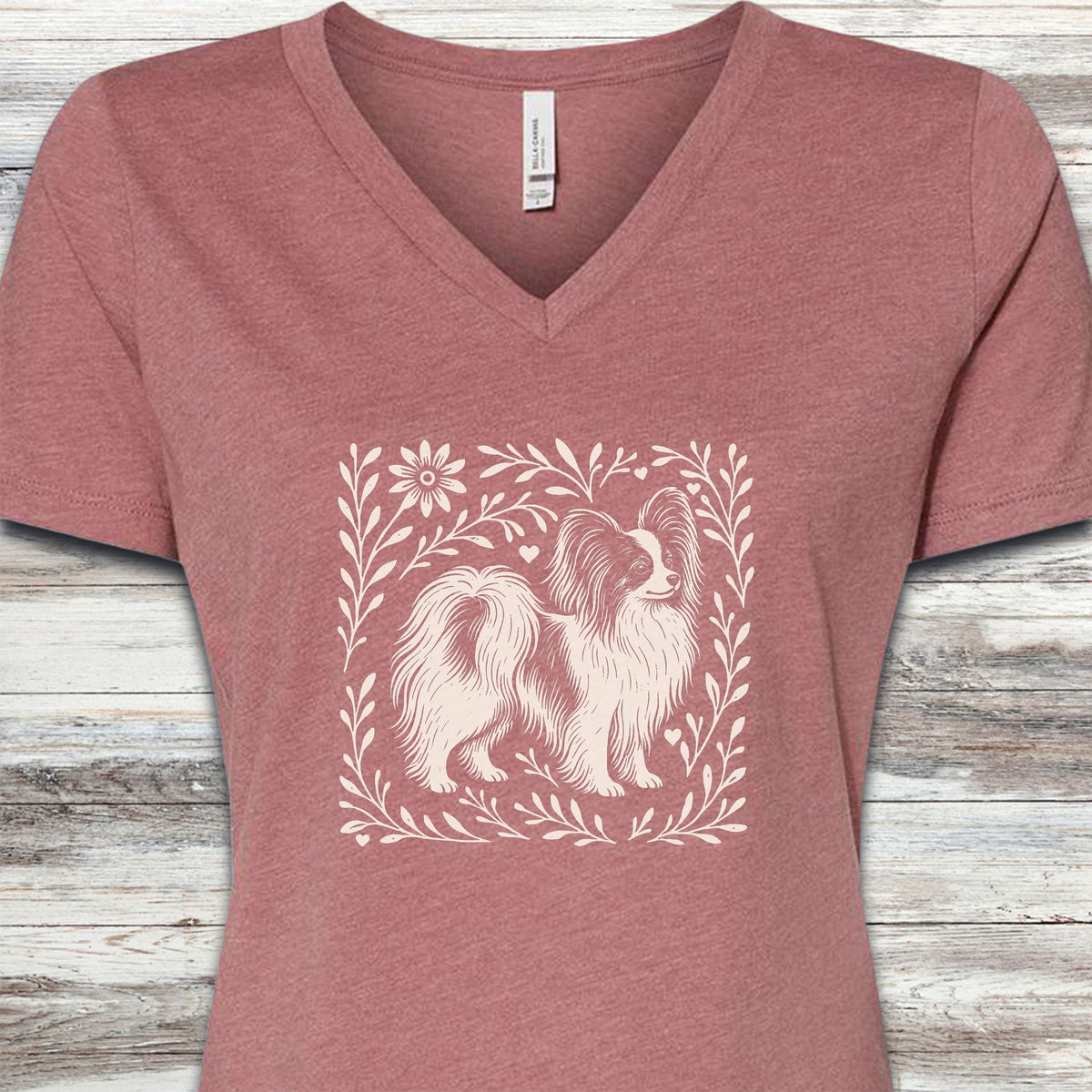 Papillon Linocut V-Neck Tee - Heather Mauve
