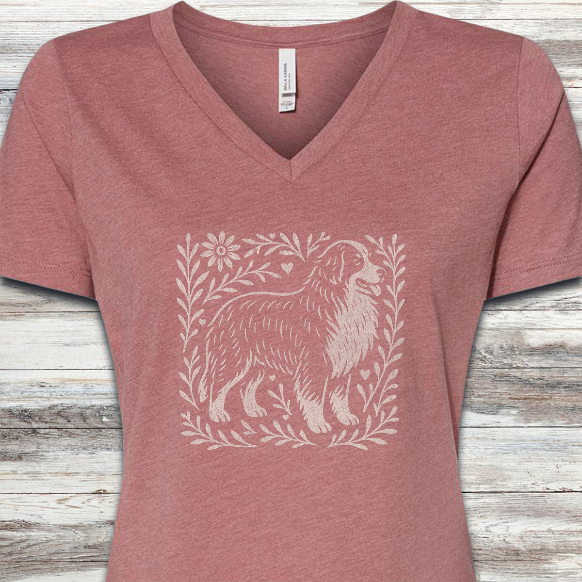 Bernese Mountain Dog Linocut V-Neck Tee - Heather Mauve