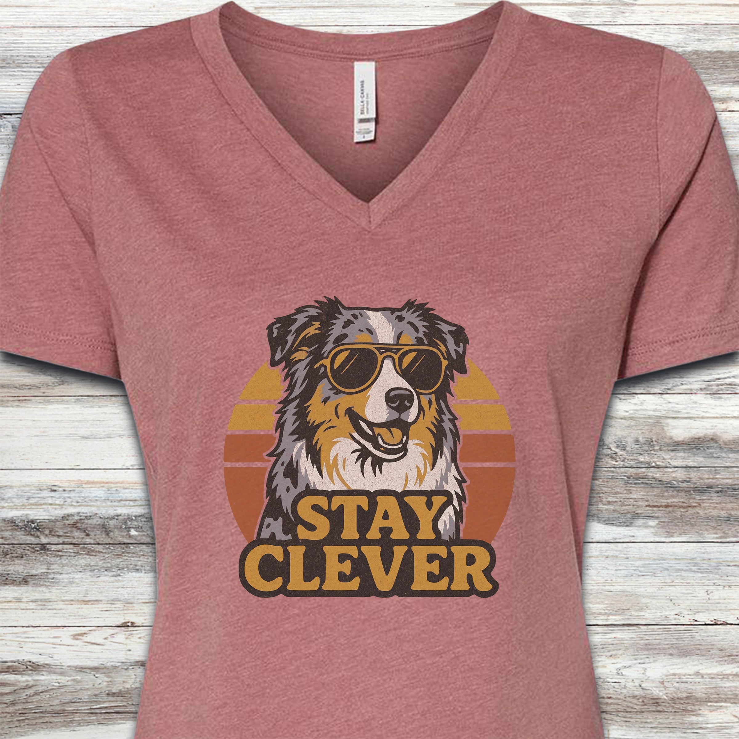 Australian Shepherd Stay Clever V-Neck Tee - Heather Mauve