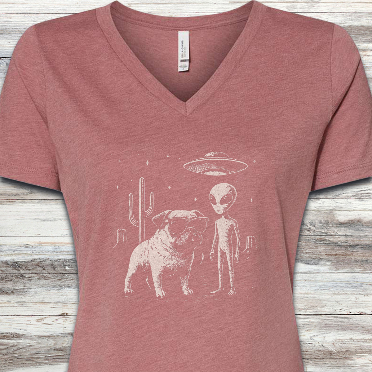 Pug Alien Encounter V-Neck Tee - Heather Mauve