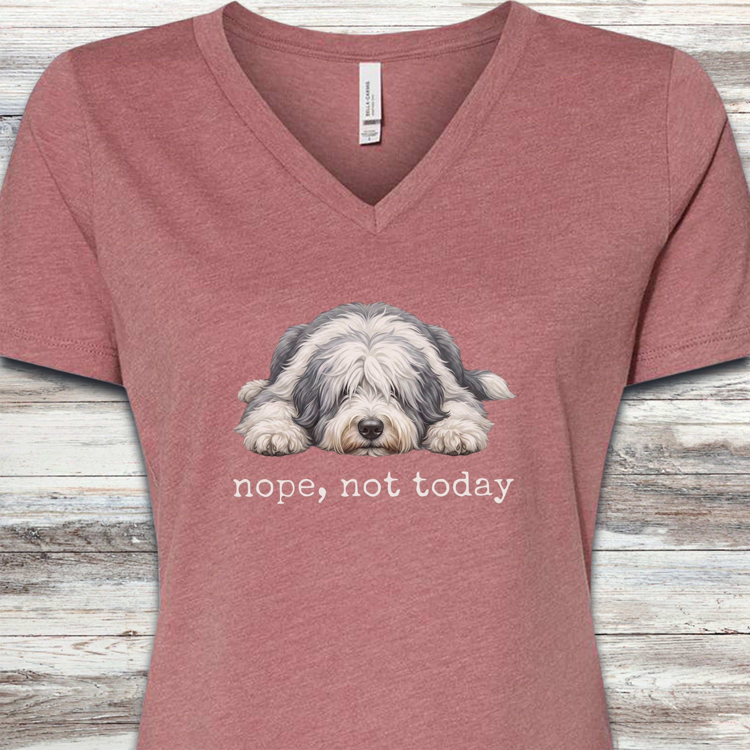 Old English Sheepdog Nope V-Neck Tee - Heather Mauve