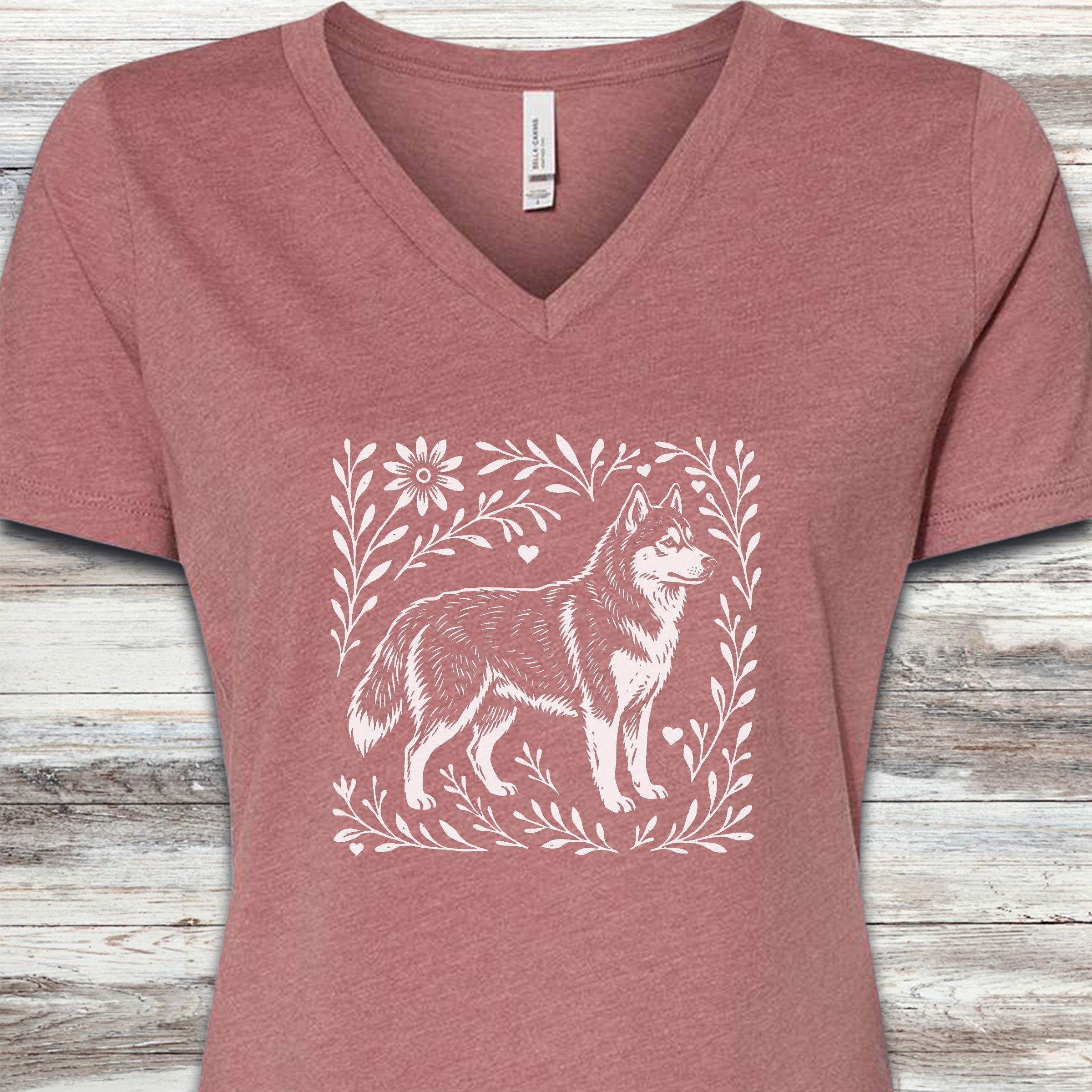 Husky Linocut V-Neck Tee - Heather Mauve