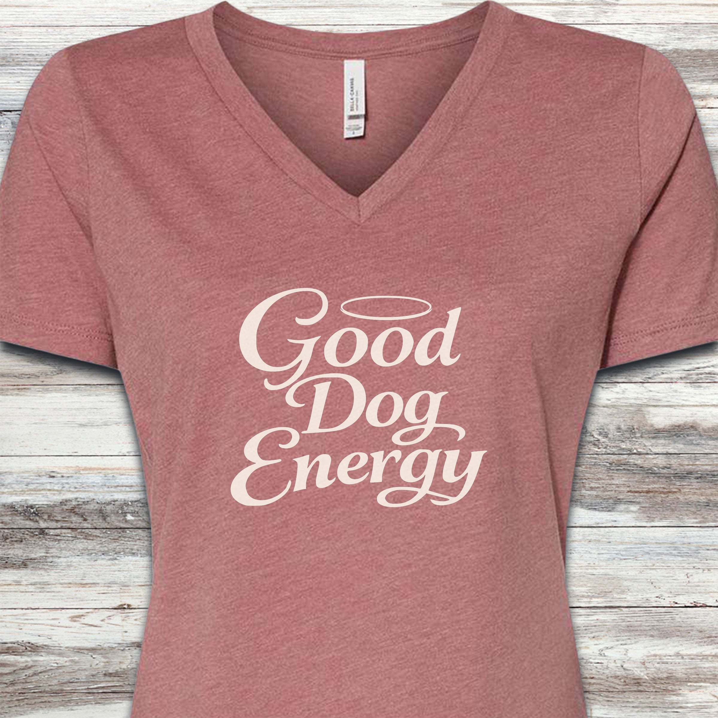 Good Dog Energy V-Neck Tee - Heather Mauve