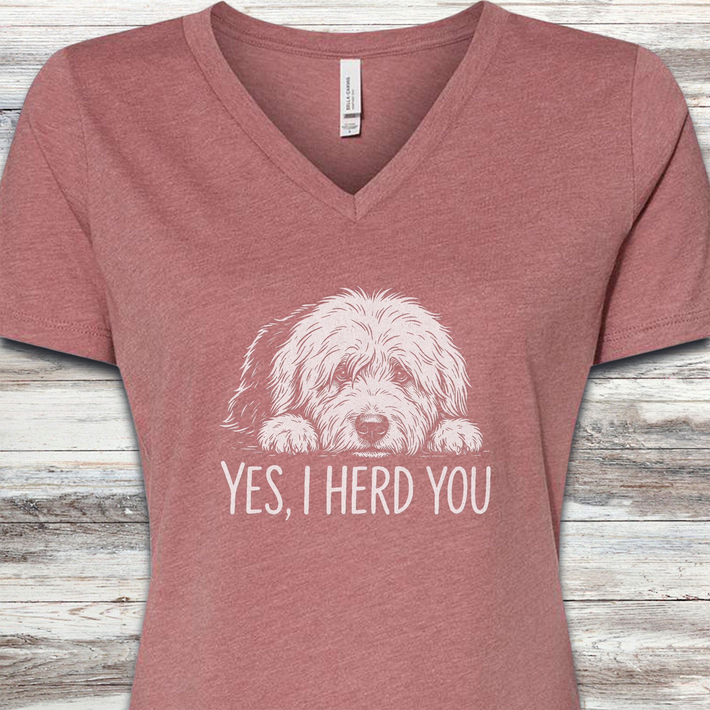 Old English Sheepdog Herd You V-Neck Tee - Heather Mauve