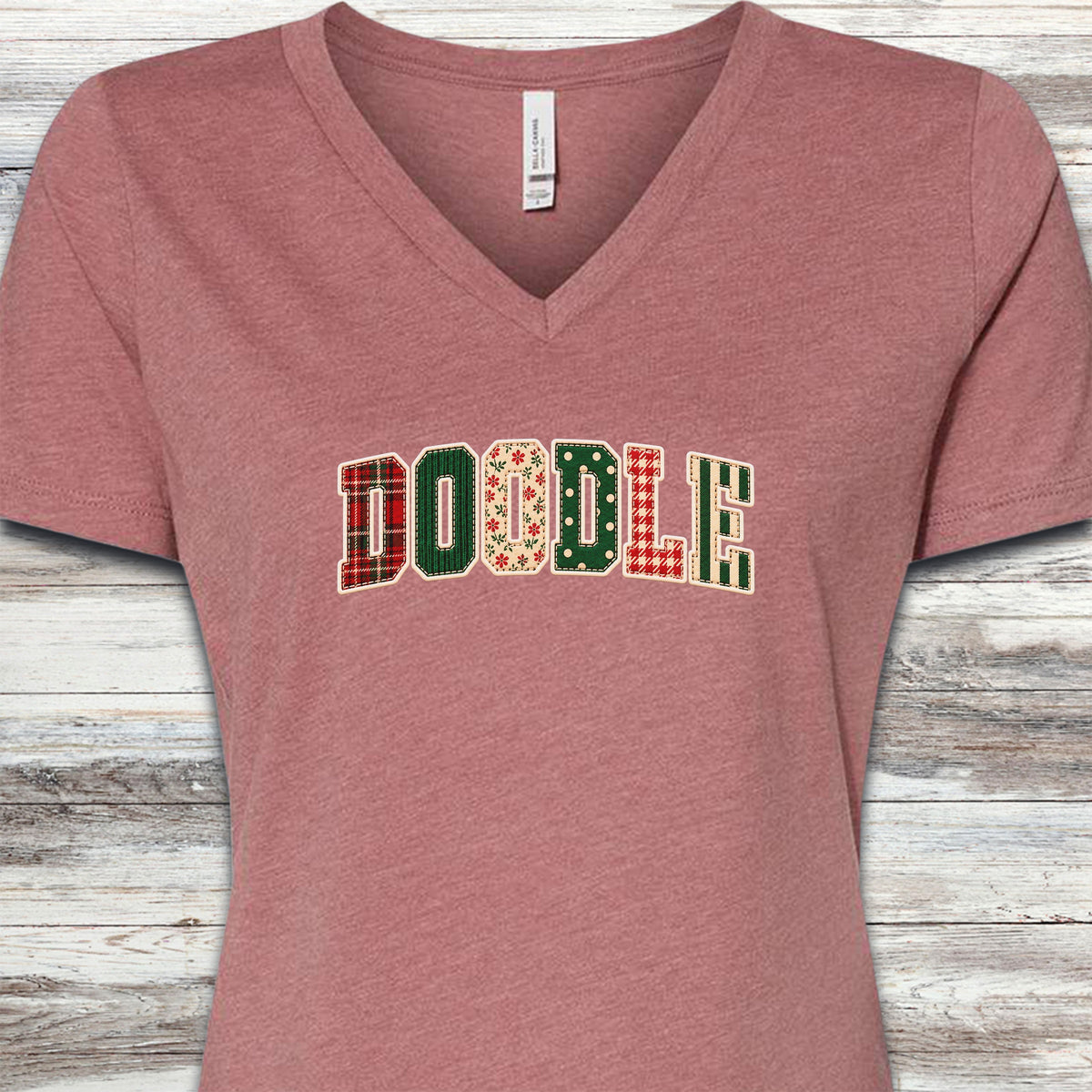 Doodle Holiday Faux Patchwork V-Neck Tee - Heather Mauve