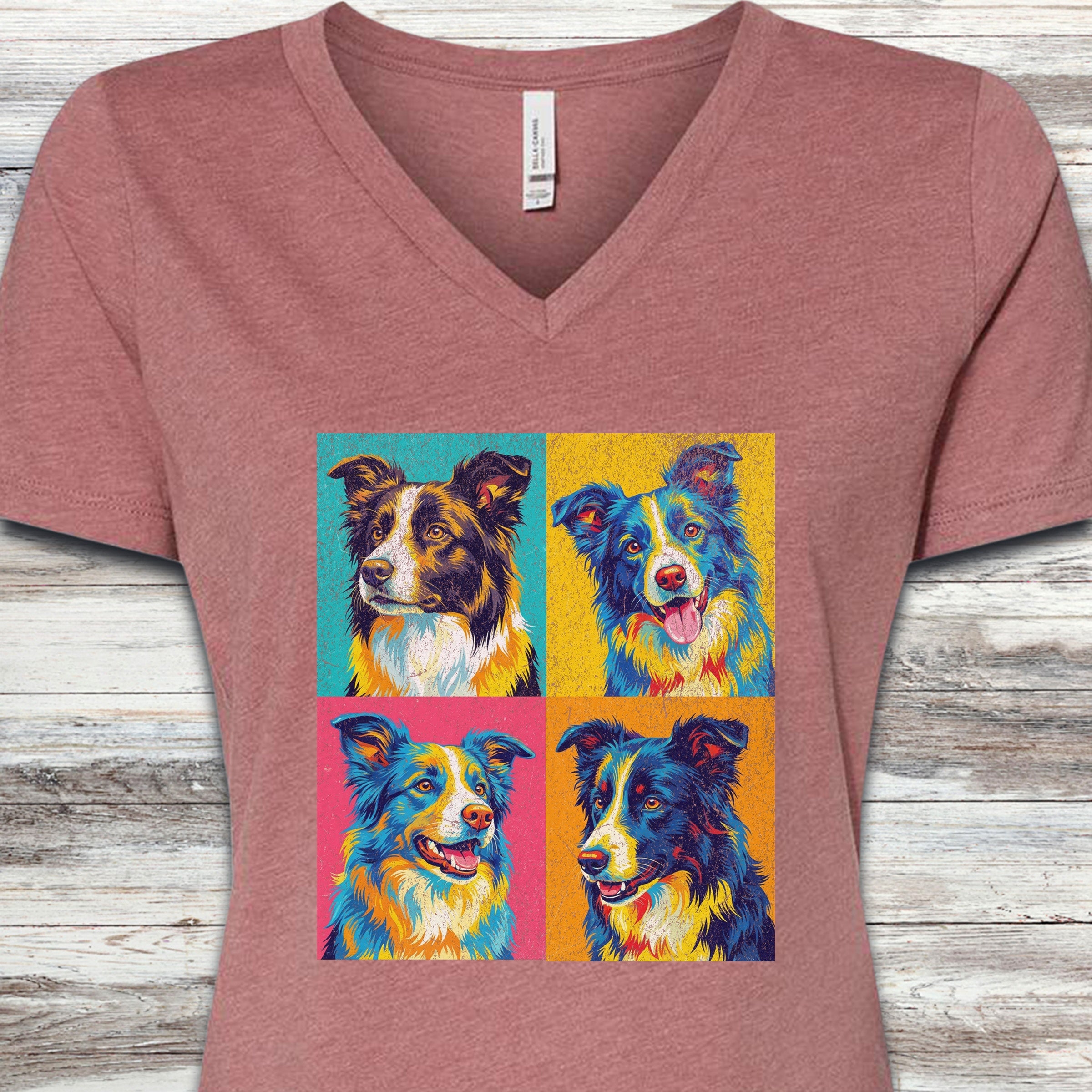 Border Collie Pop Art V-Neck Tee - Heather Mauve