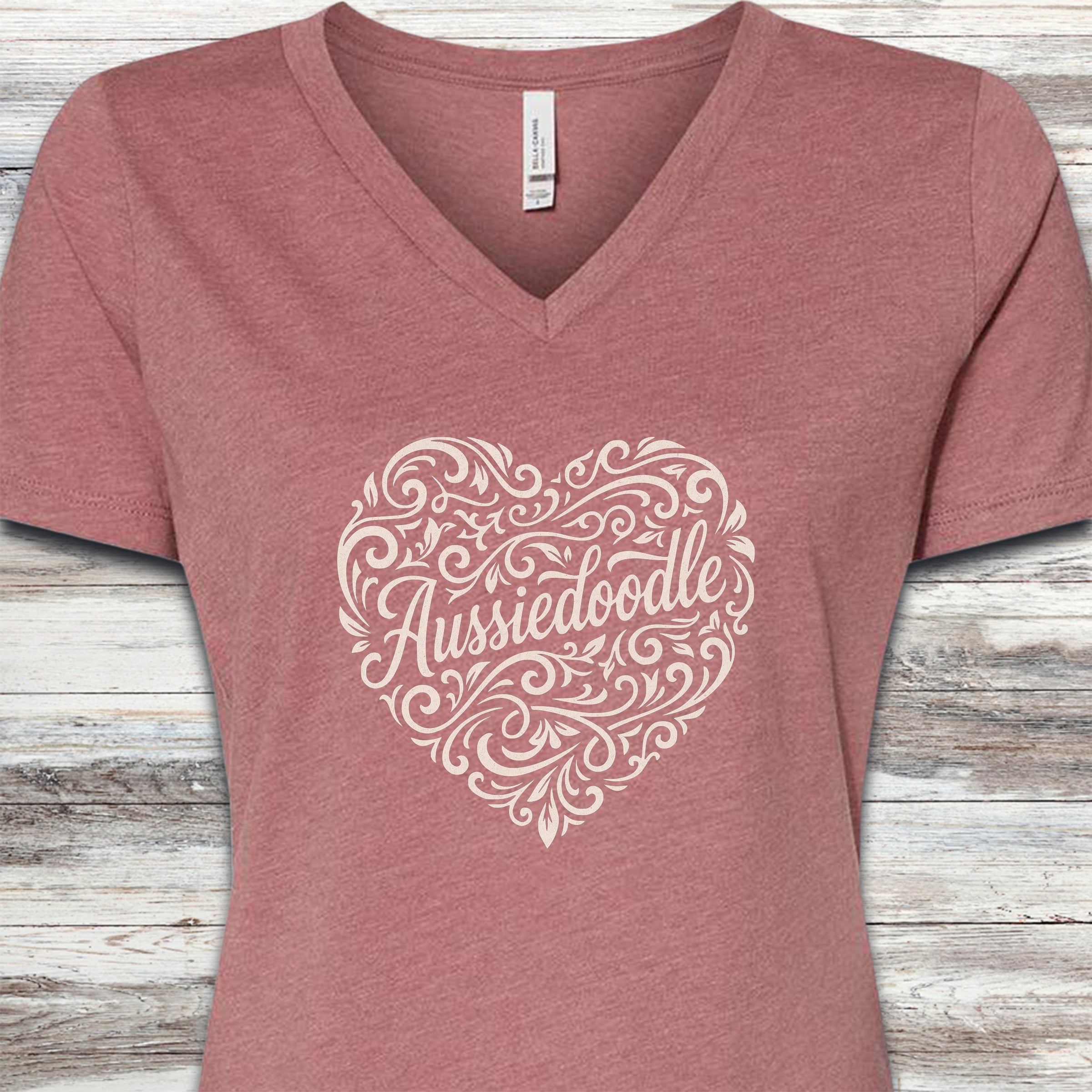 Aussiedoodle Heart Script V-Neck Tee - Heather Mauve