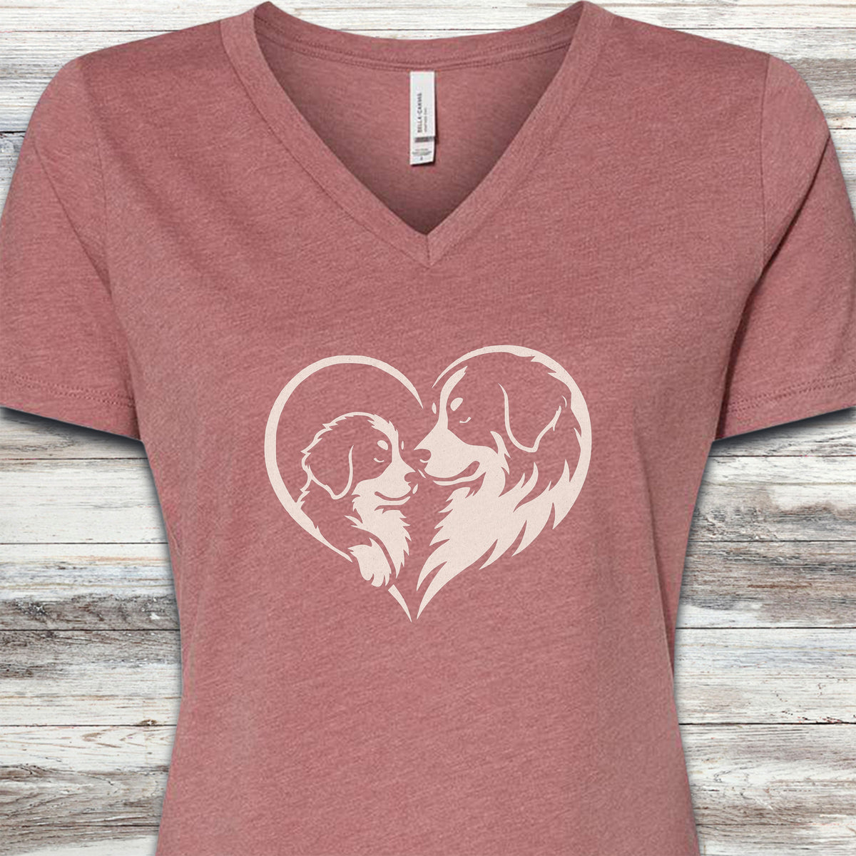Bernese Mountain Dog Heart Bond V-Neck Tee - Heather Mauve