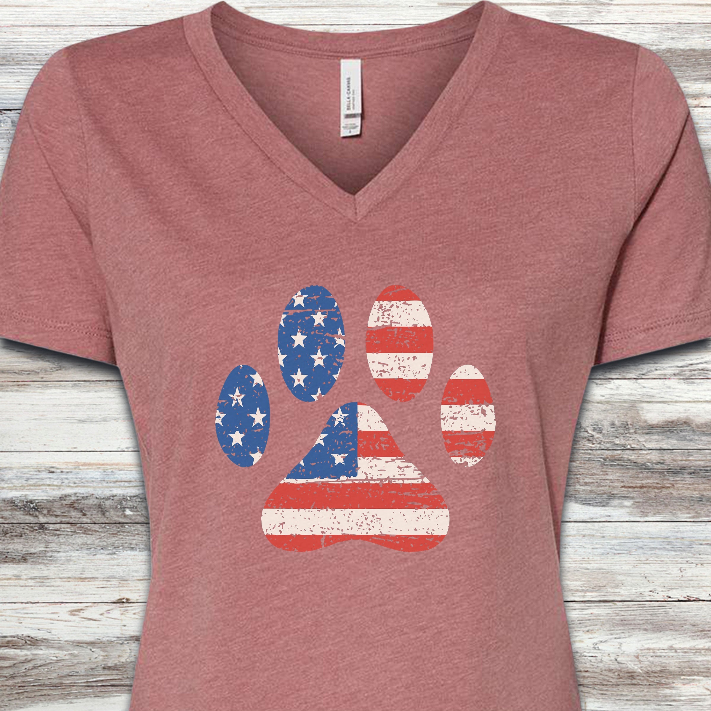 Stars & Stripes Paw Print V-Neck Tee - Heather Mauve