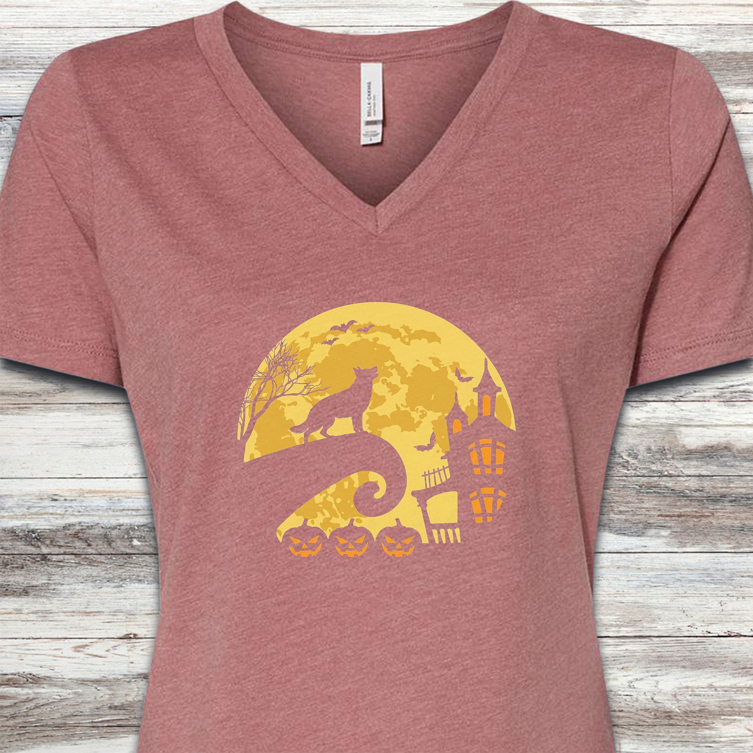 German Shepherd Halloween Moon V-Neck Tee - Heather Mauve