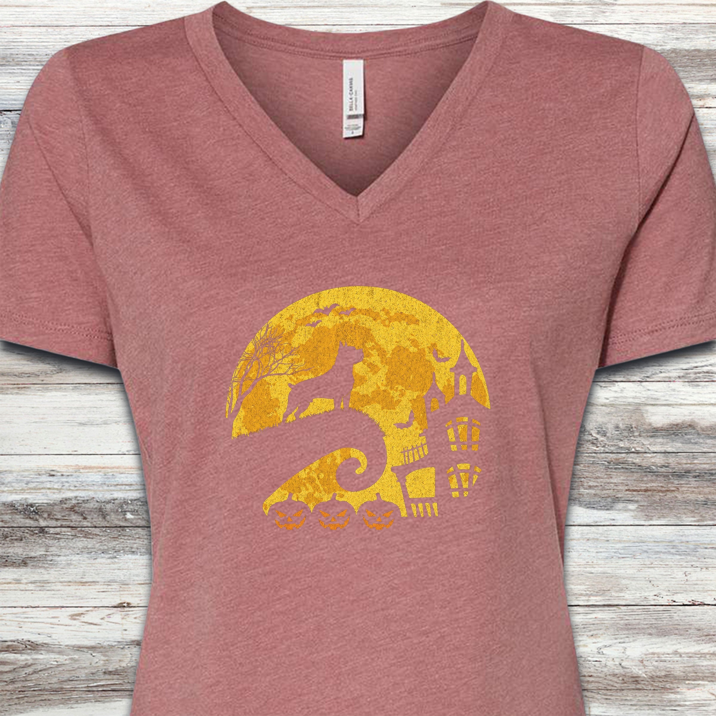 Cane Corso Halloween Moon V-Neck Tee - Heather Mauve