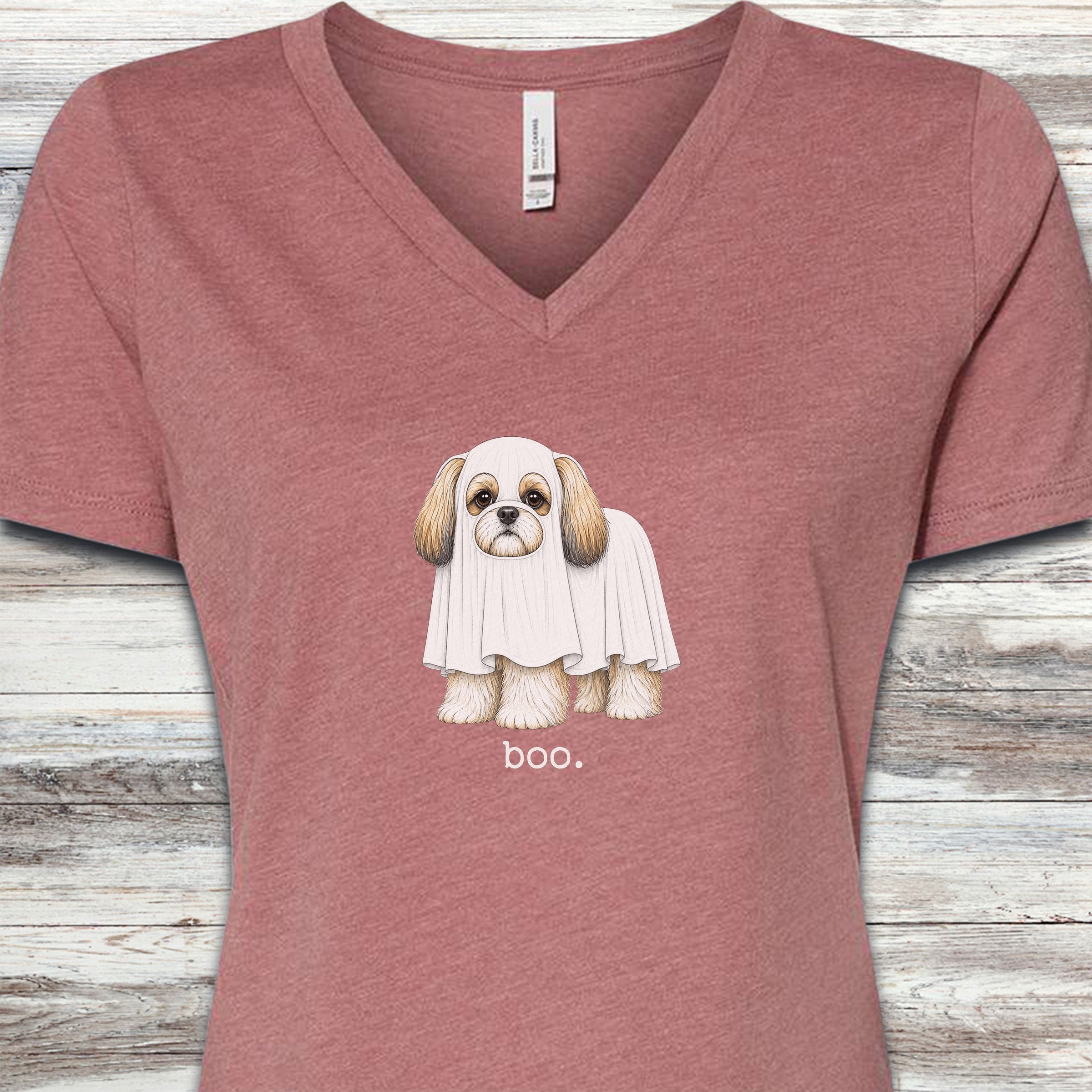 Shih Tzu Boo V-Neck Tee - Heather Mauve