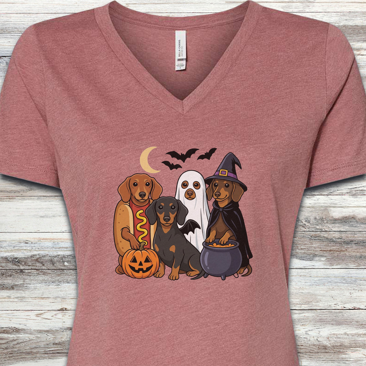 Dachshund Halloween V-Neck Tee - Heather Mauve