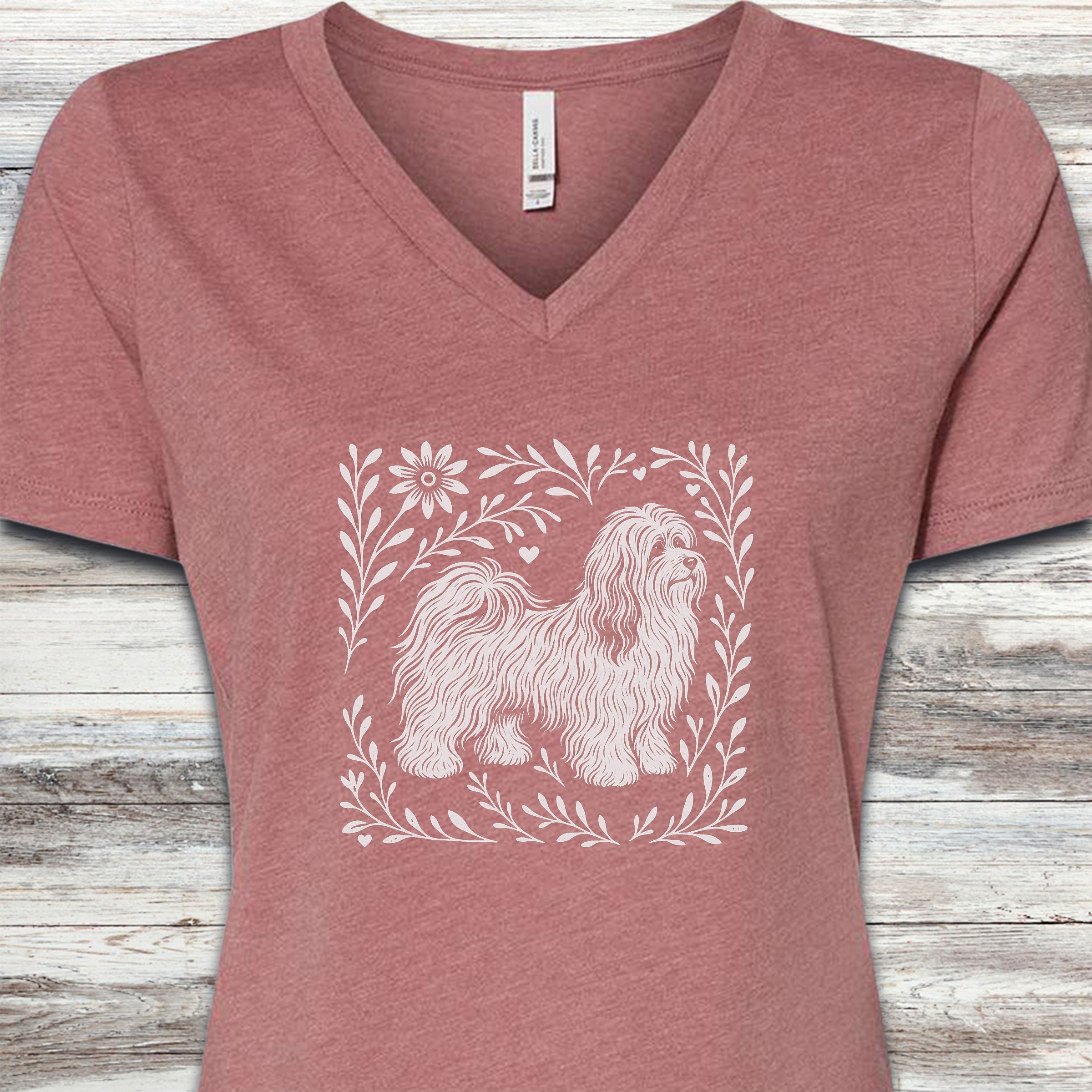 Havanese Linocut V-Neck Tee - Heather Mauve
