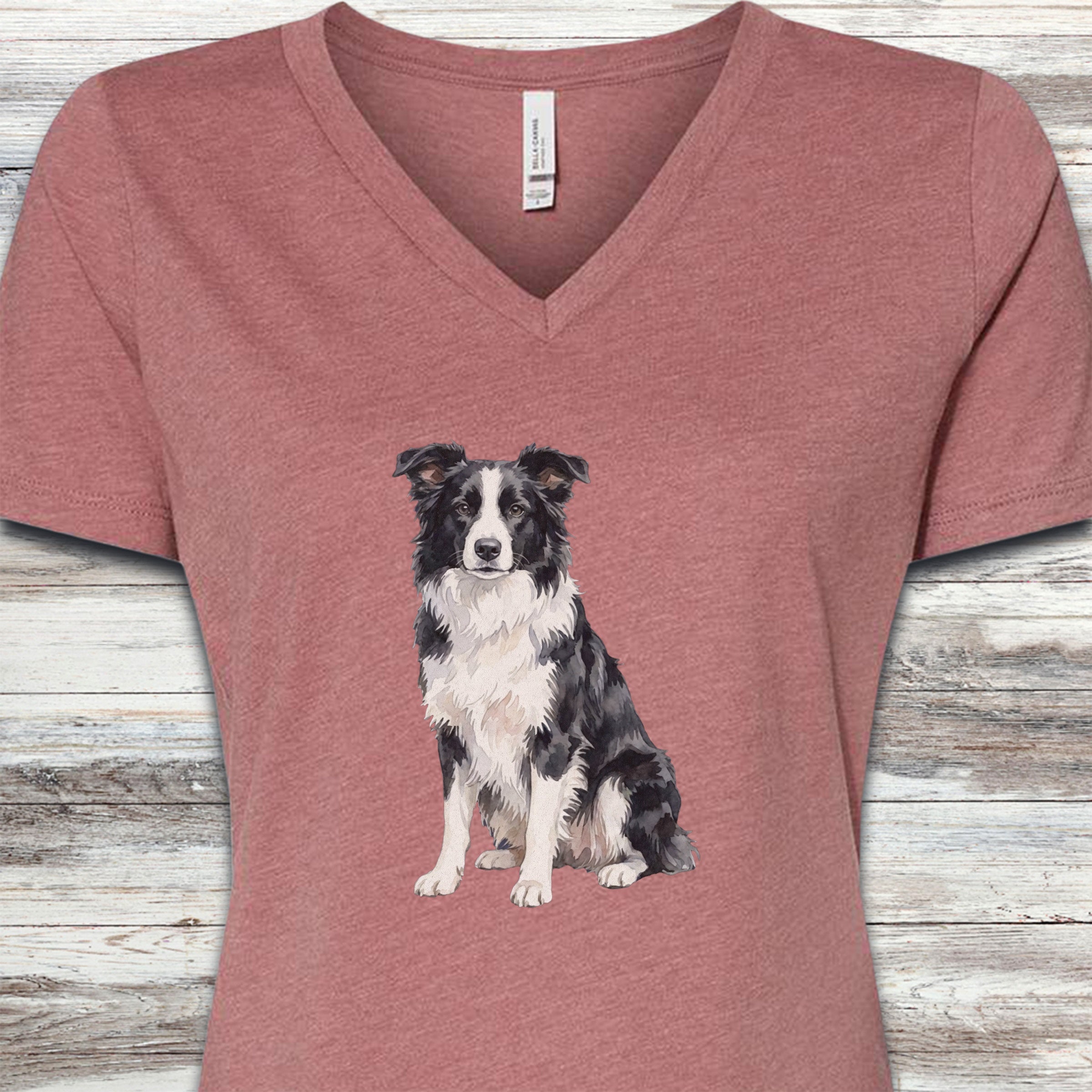 Border Collie Watercolor V-Neck Tee - Heather Mauve