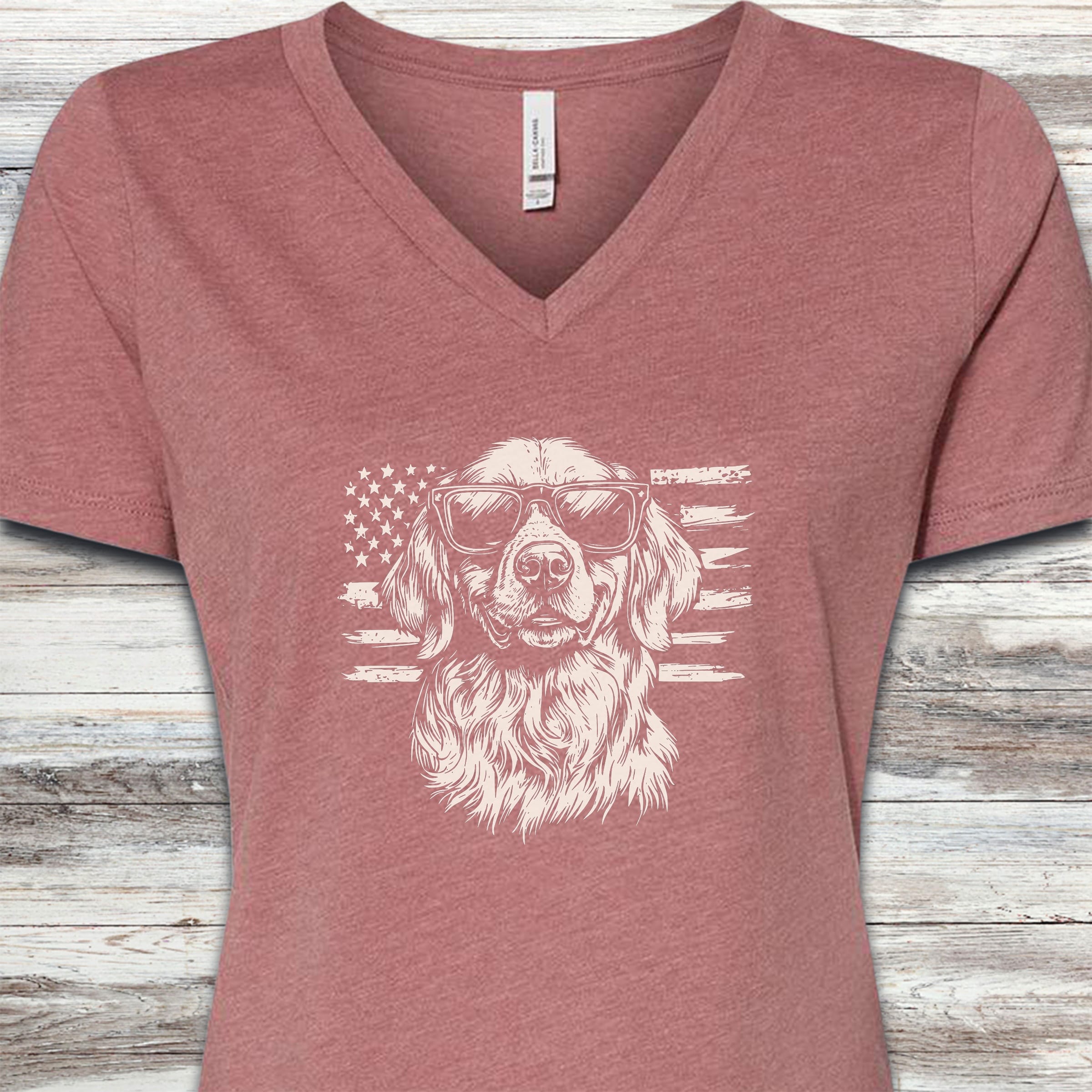 Golden Retriever Flag V-Neck Tee - Heather Mauve